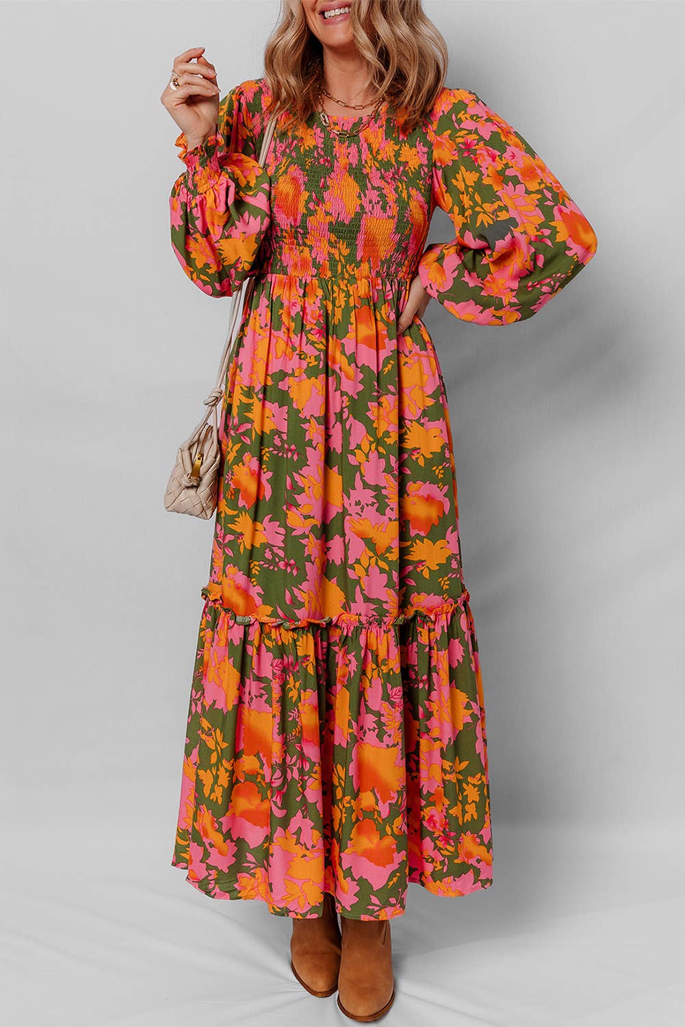 Floral Smocked Bodice Puff Sleeve Ruffle Maxi Dress