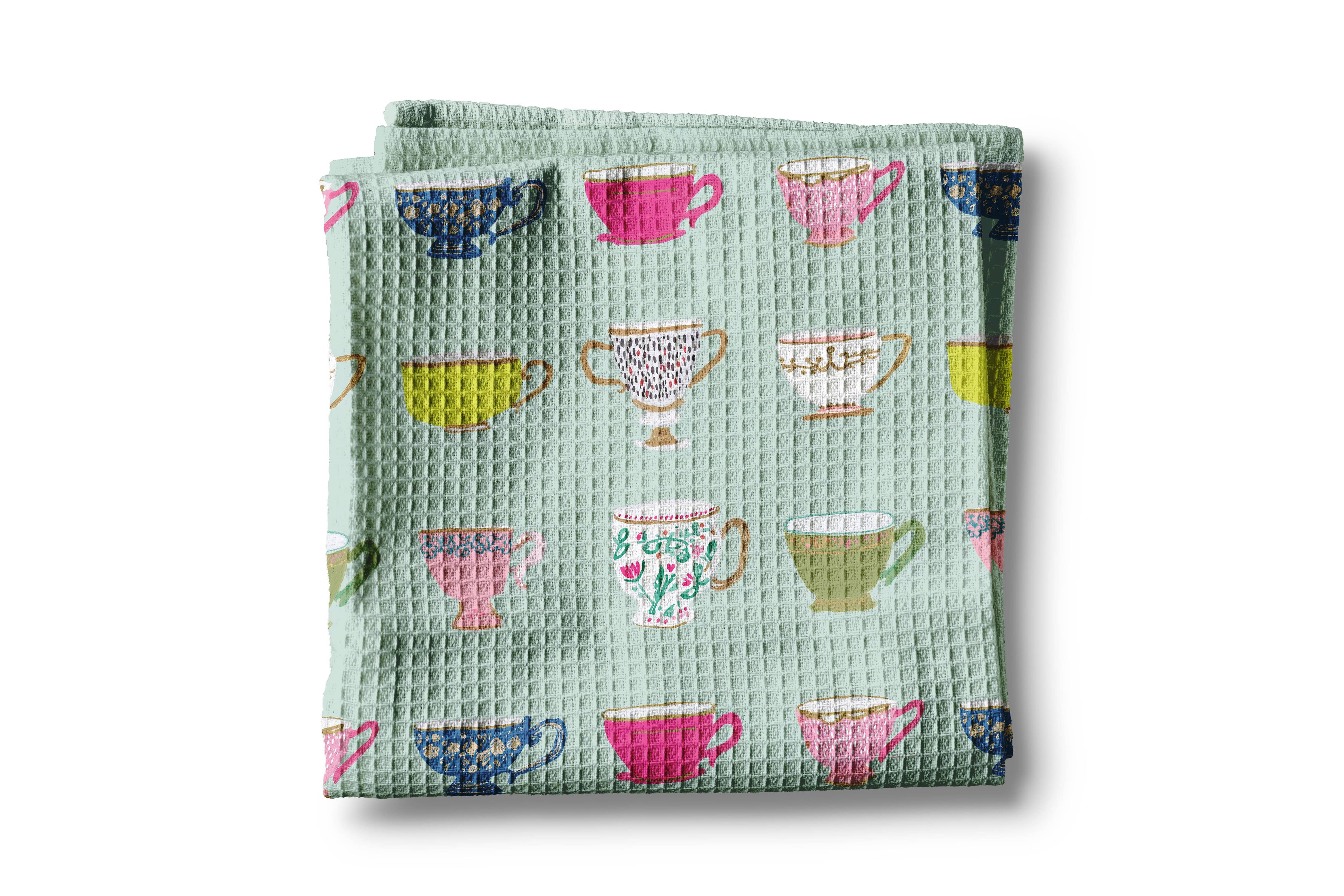 Tea Cup Waffle Weave Tea Towel