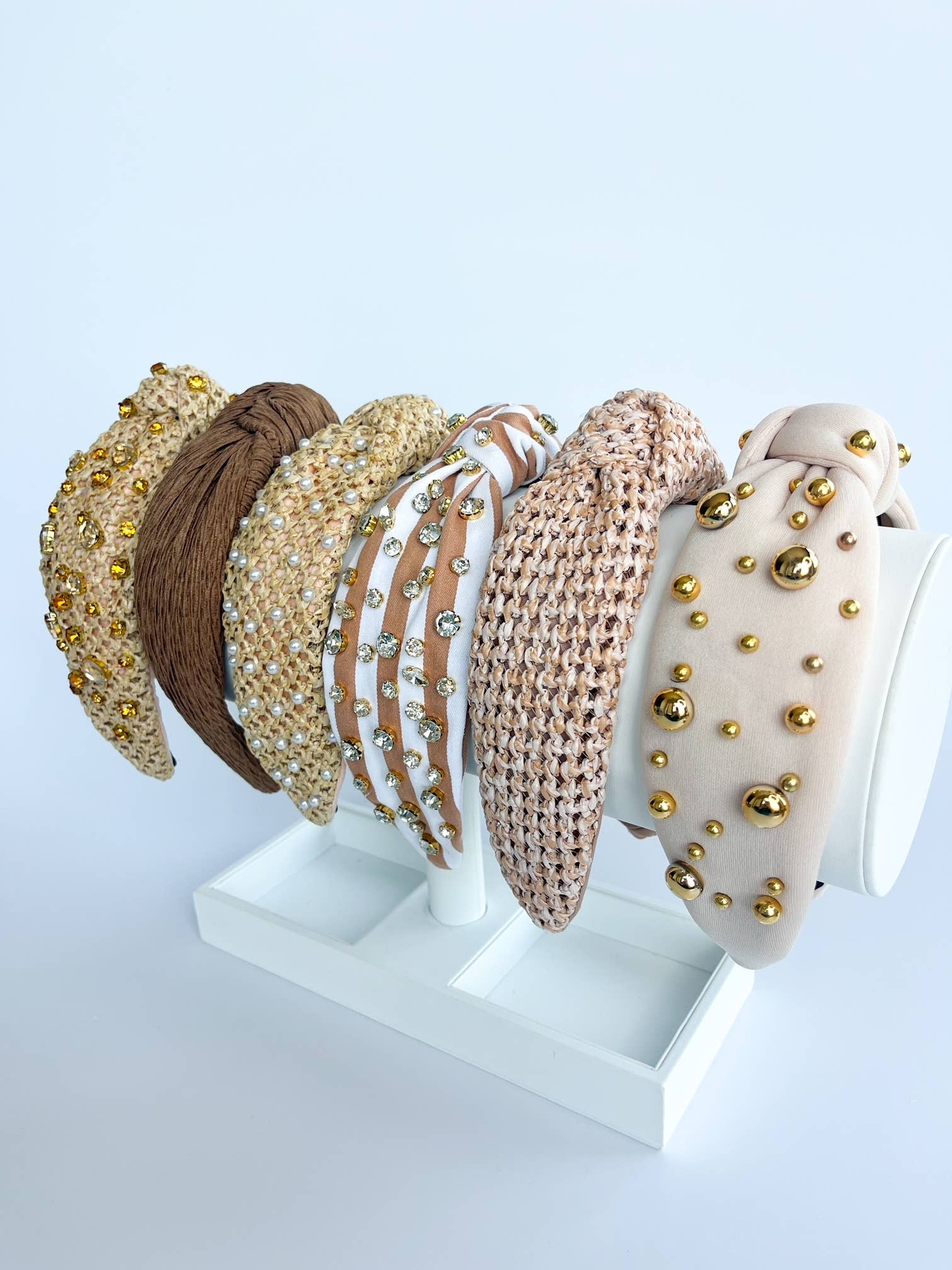 Beige Raffia Pearl Top Knot Headband