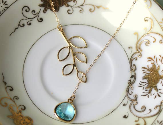 Aquamarine Leaf Lariat Necklace