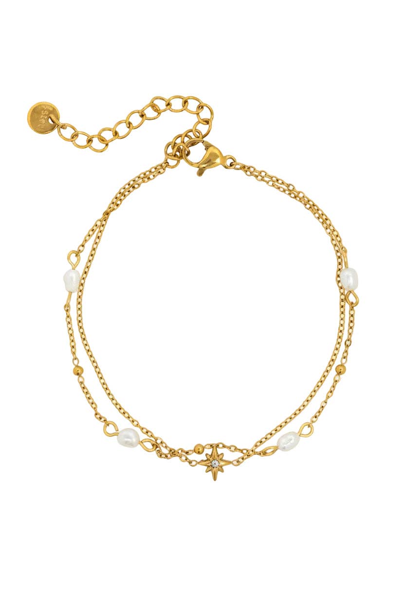 Freshwater Pearl & Star Charm Double Chain Bracelet