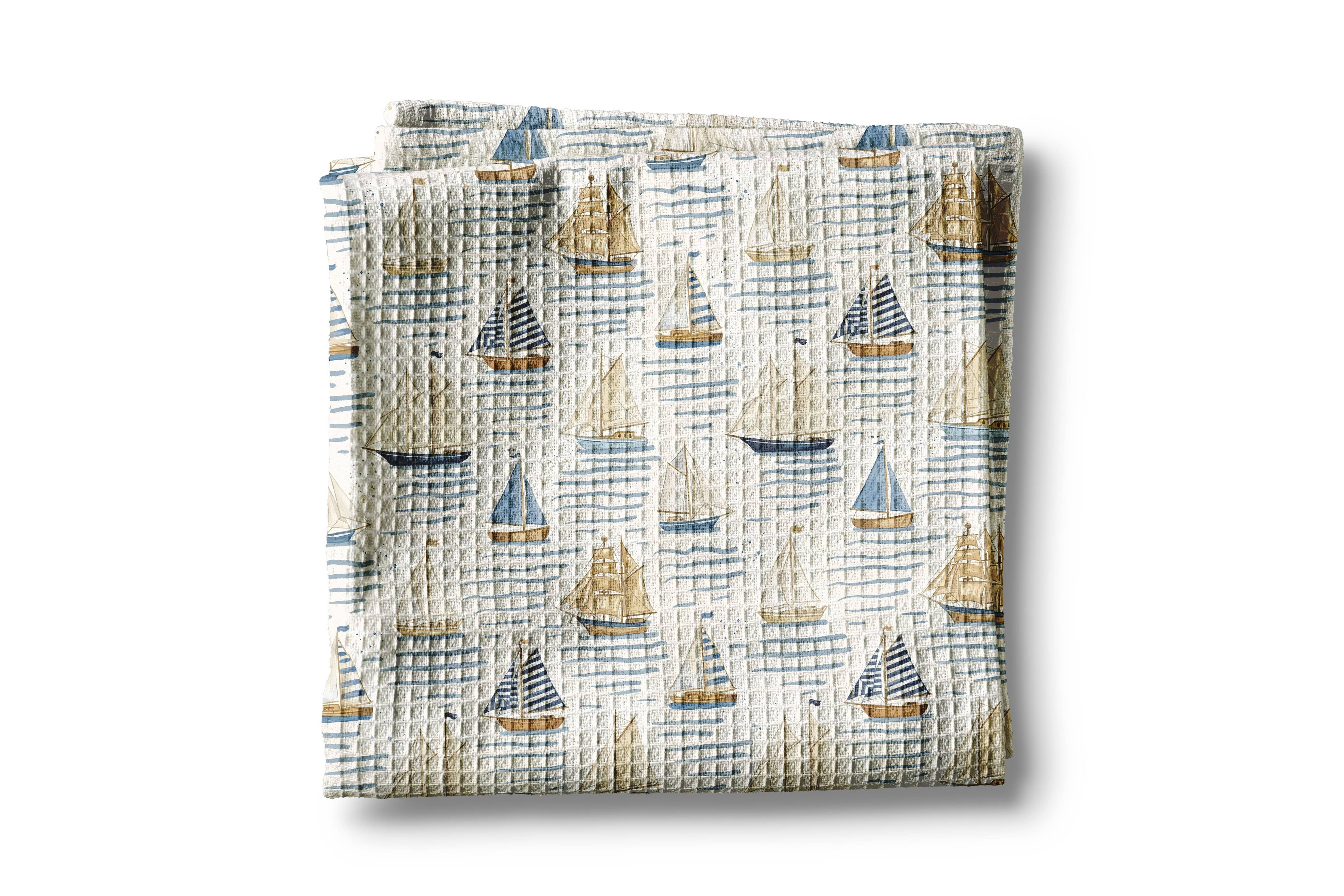 Sailboat Waffle Weave Tea Towel