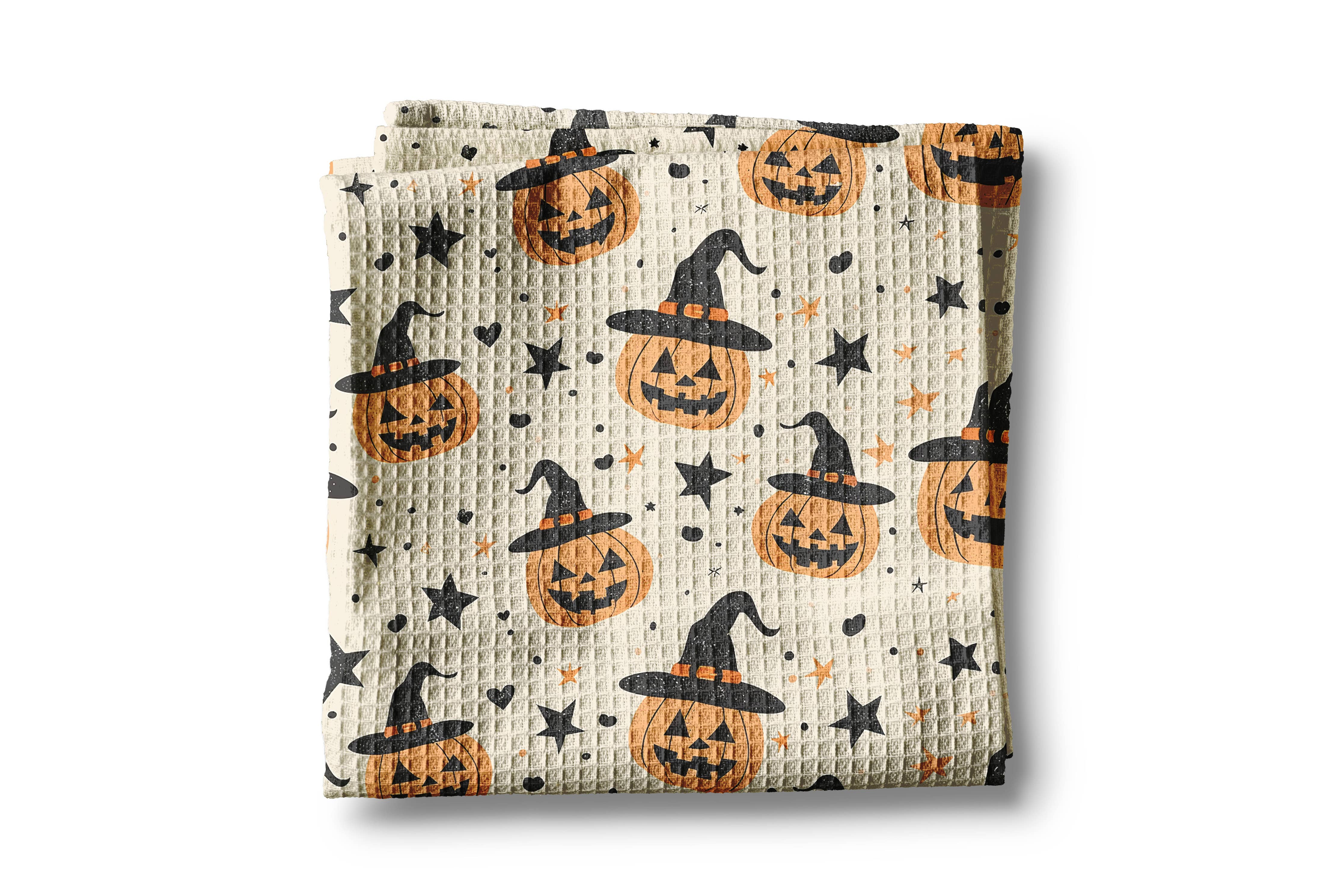 Witch & Jack-O-Lantern Halloween Waffle Weave Kitchen Towel