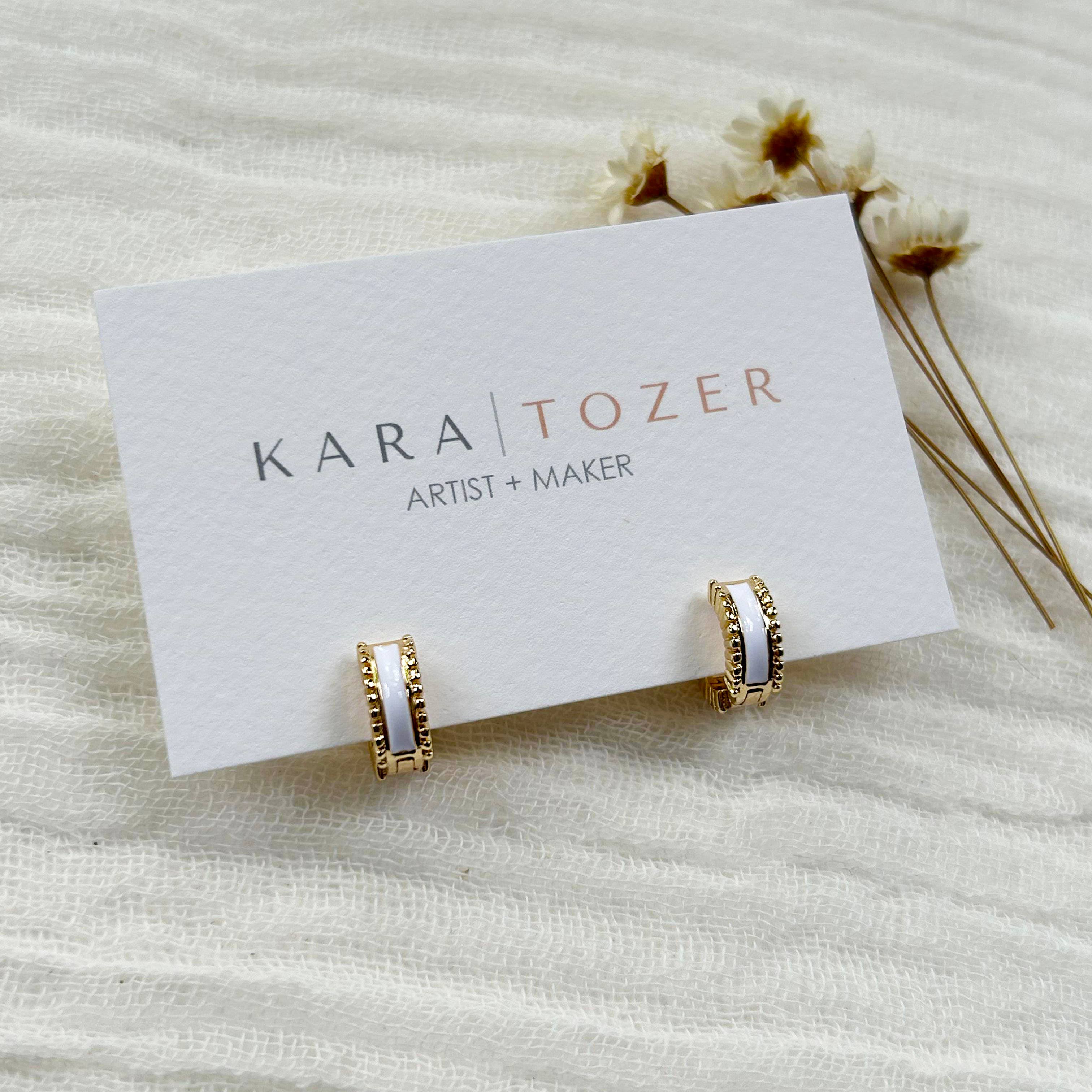 White Enamel & Gold Beaded Huggie Hoop Earrings