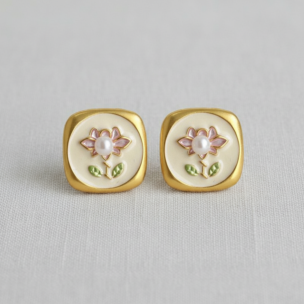 Artistic Floral Gold Stud Earrings
