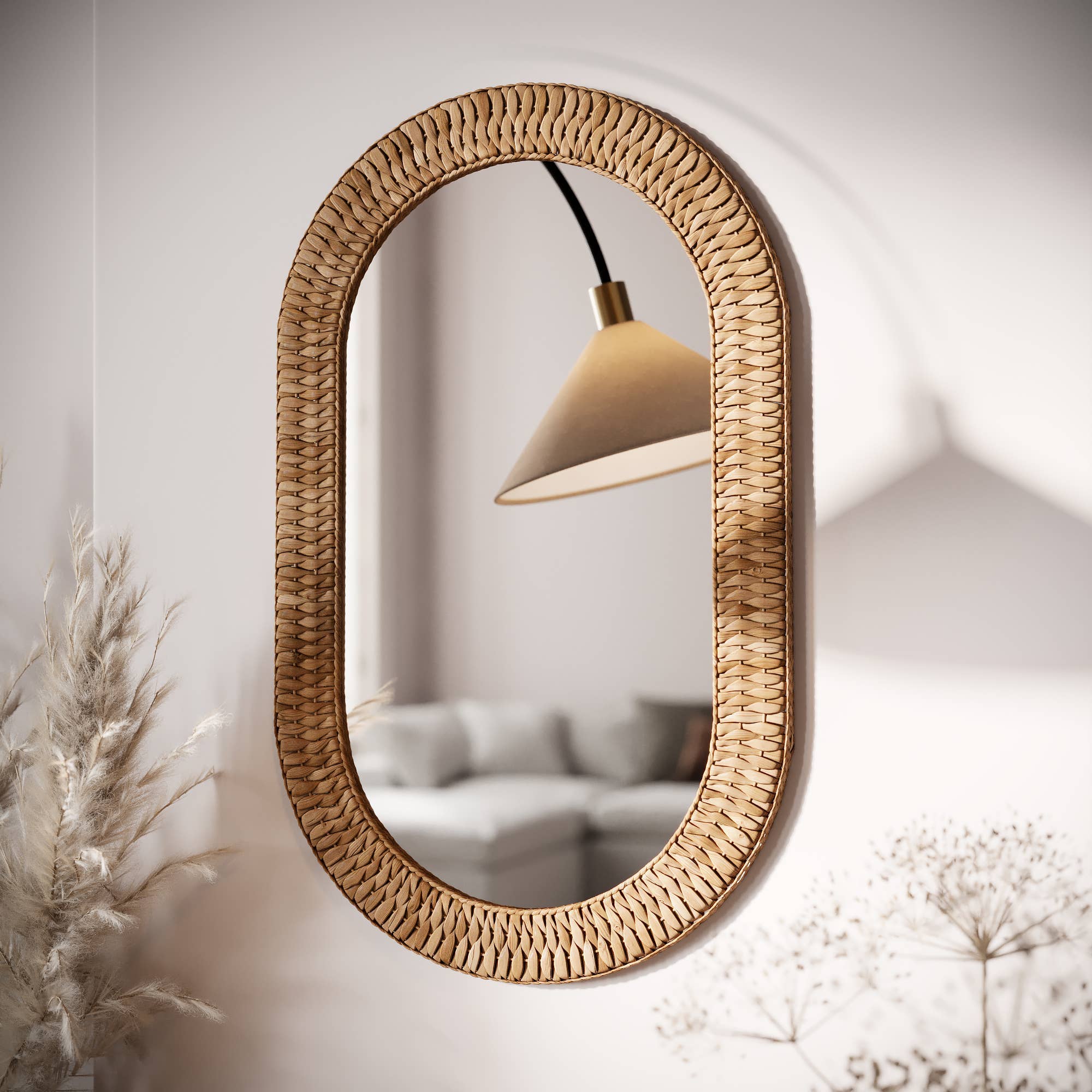Woven Rattan Pill Mirror - 40"H x 24"W