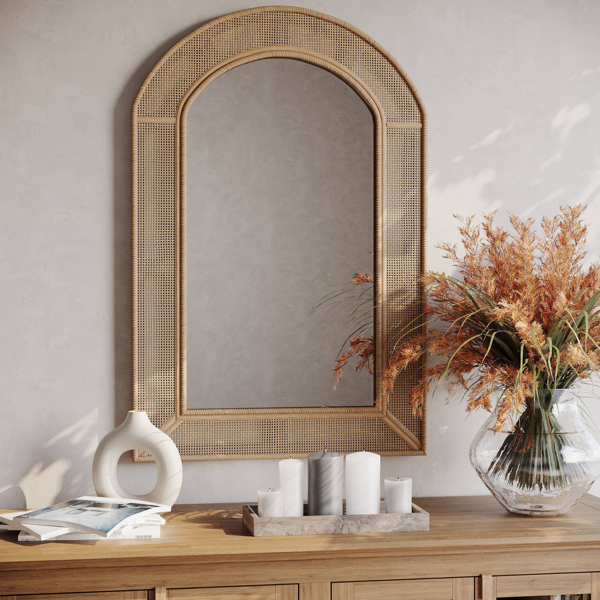 Cane Arch Rattan Wall Mirror -  36"H x 24"W