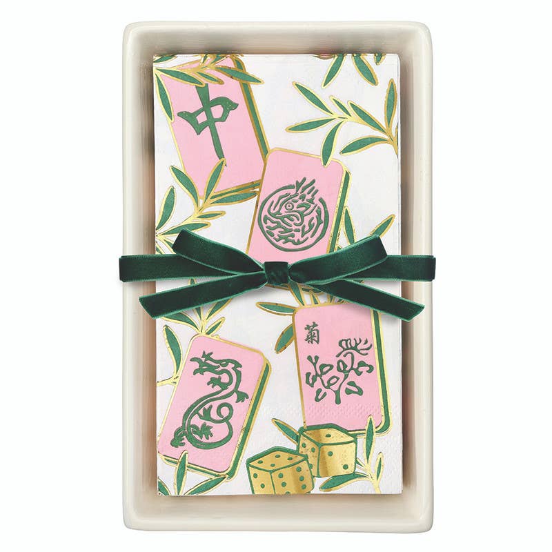 Ceramic Napkin Tray + Napkins - Mahjong Tiles
