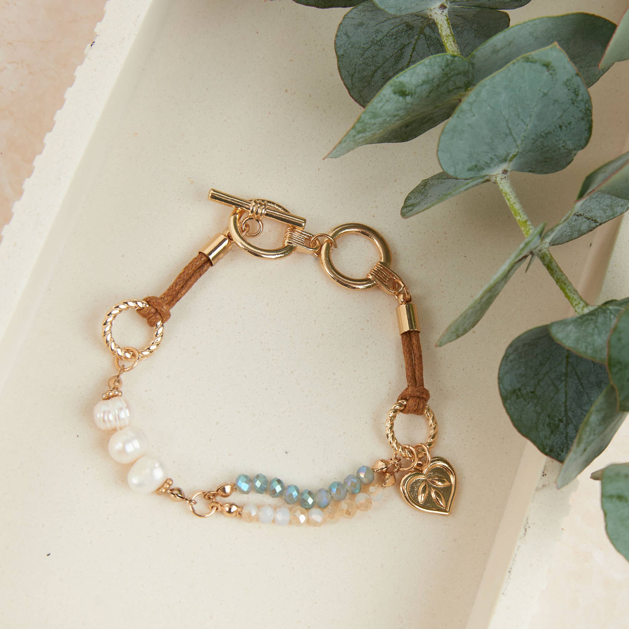 Multi-Row Bead & Pearl Leather Toggle Bracelet
