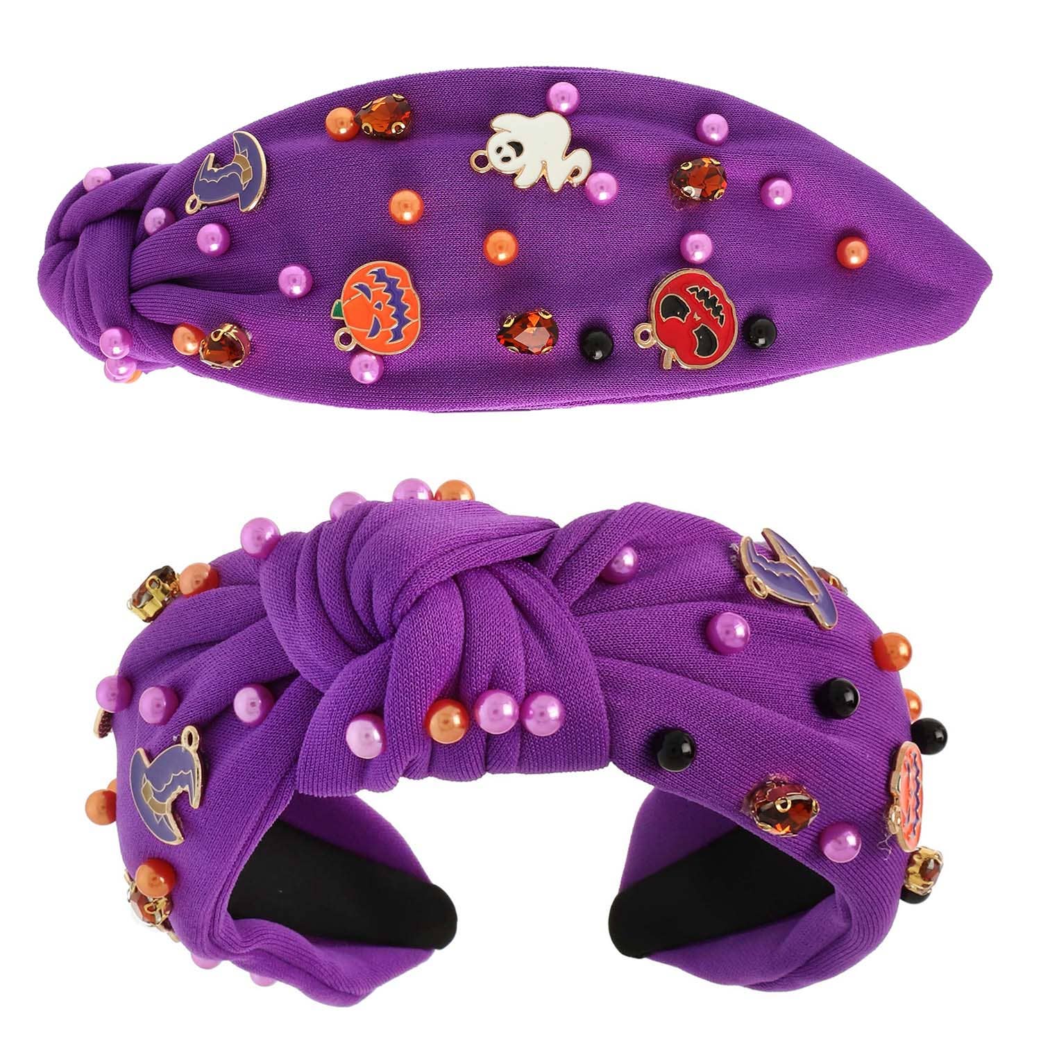 Halloween Top Knot Headband with Pumpkin, Ghost & Witch Hat Charms