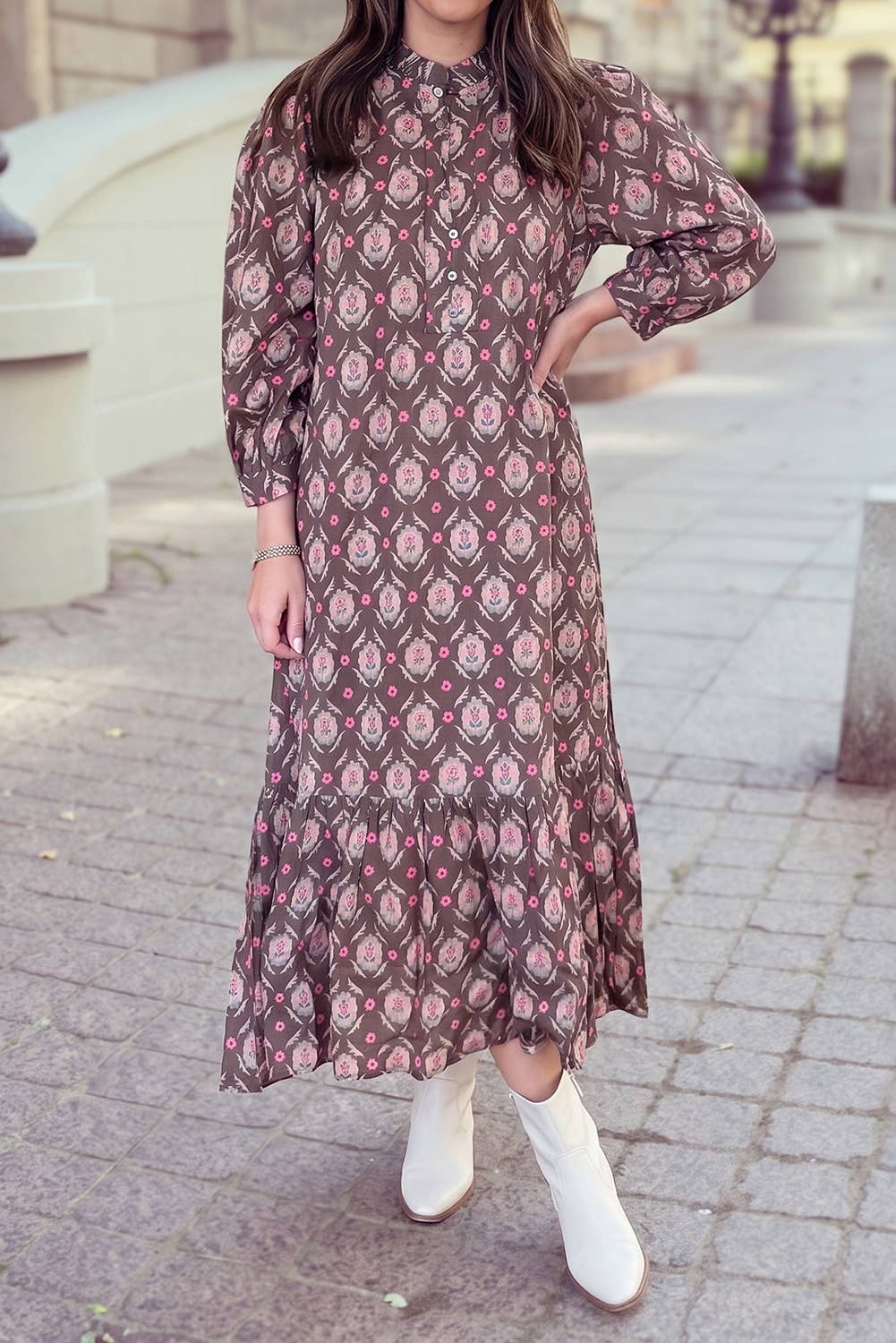 Floral Button-Front Ruffle Hem Midi Dress