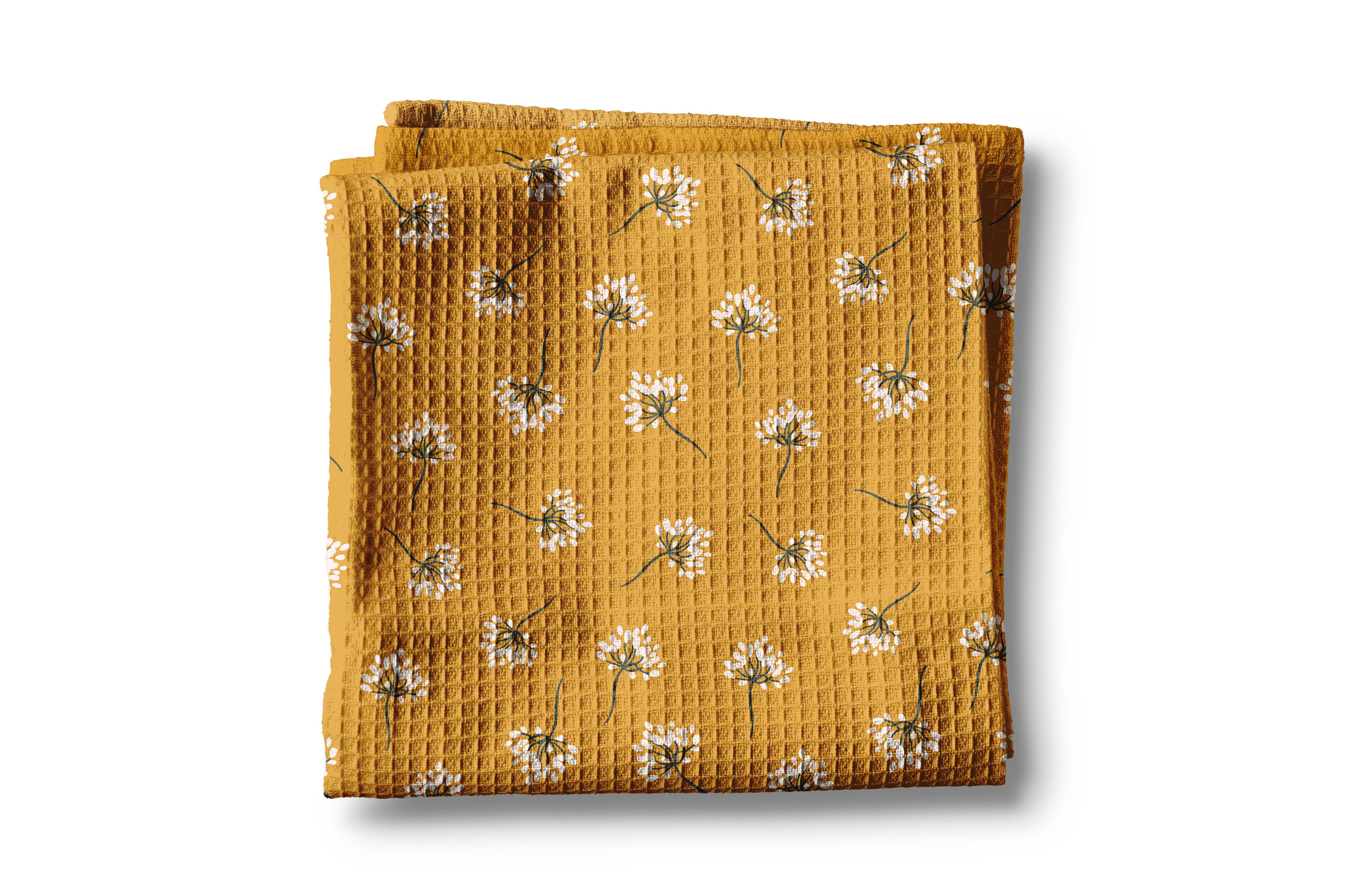 Yellow & White Stem Boho Floral Waffle Weave Kitchen Towel