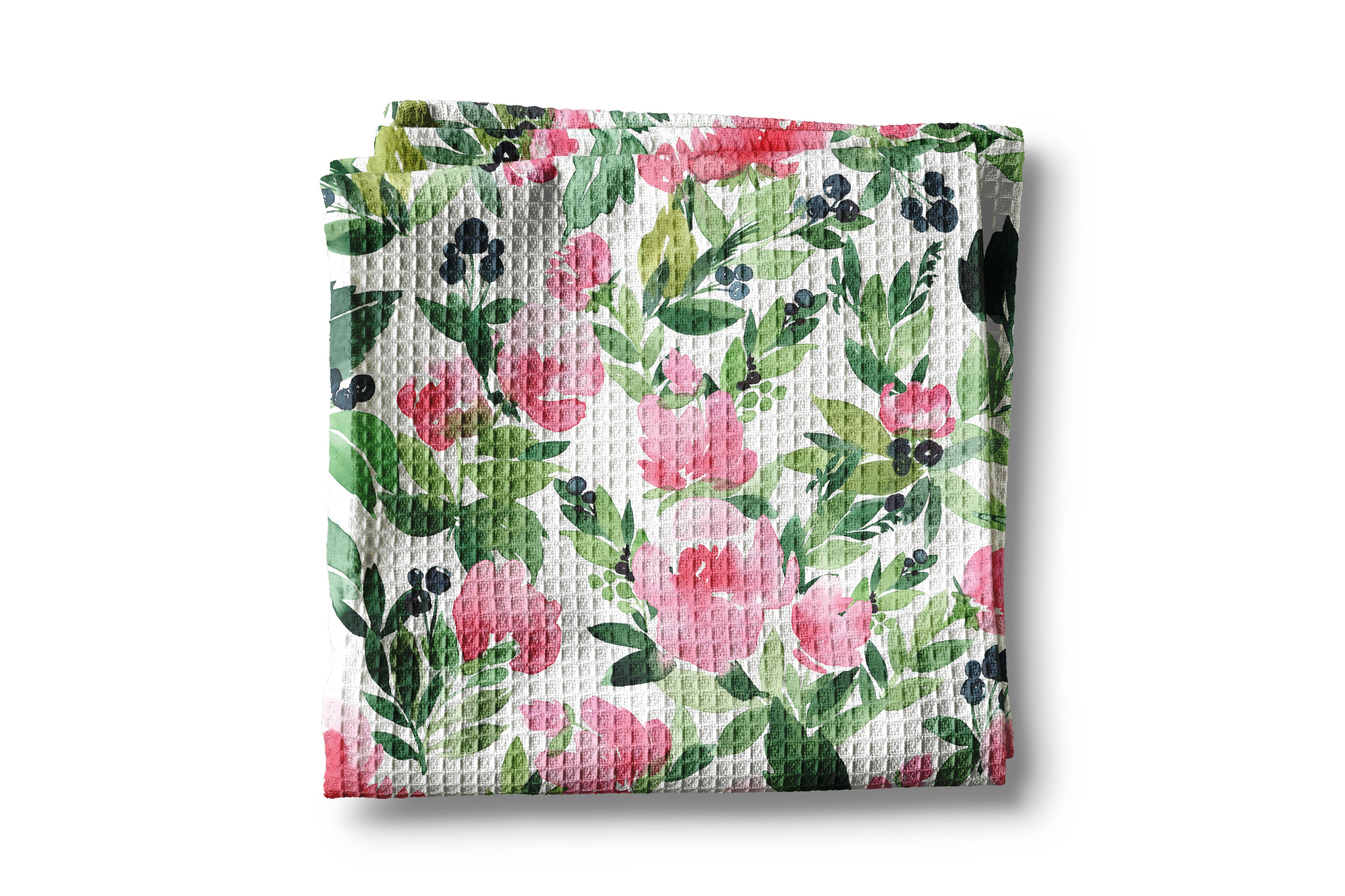 Pink & Green Floral Waffle Weave Tea Towel