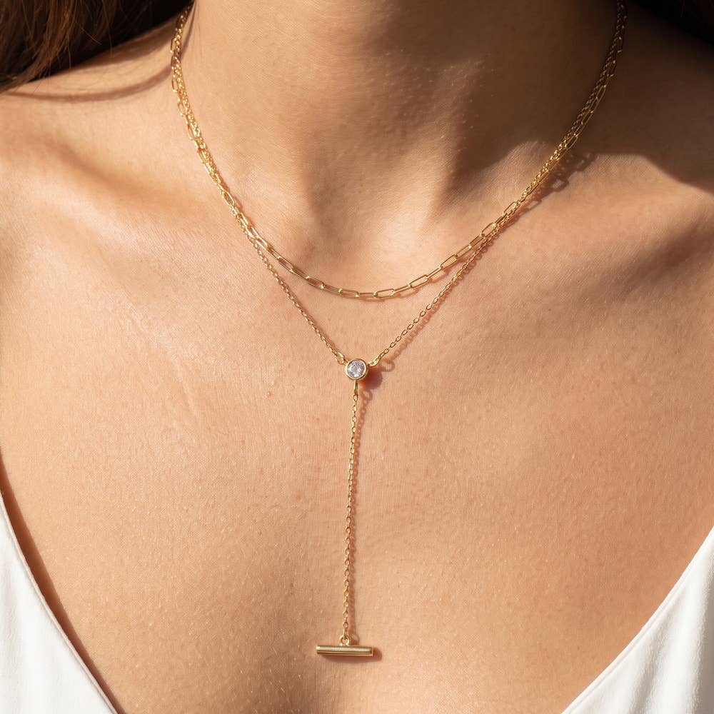 Layered Paperclip Chain Bar Drop Y Necklace