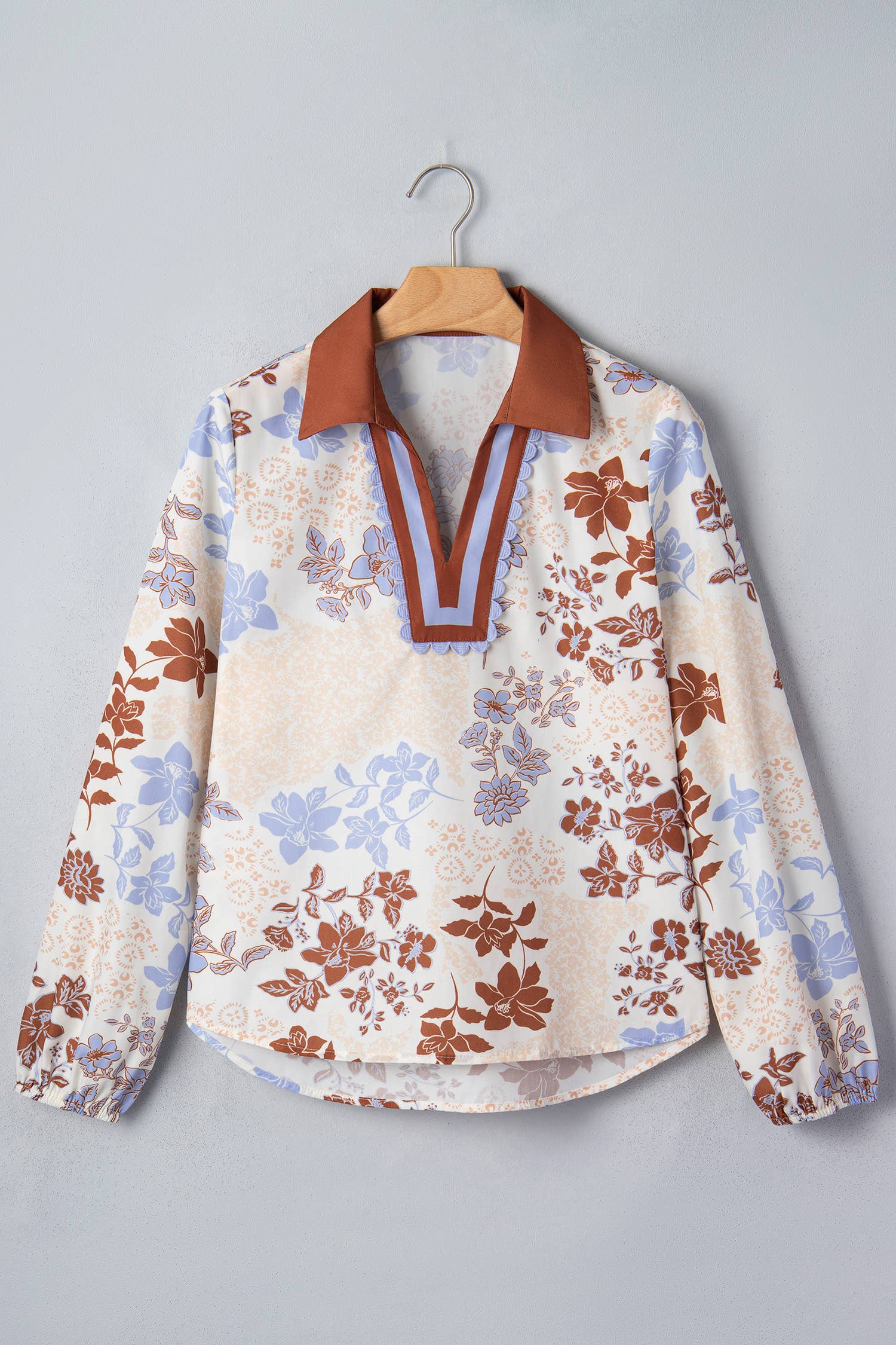 Floral Patchwork Bubble-Sleeve Blouse
