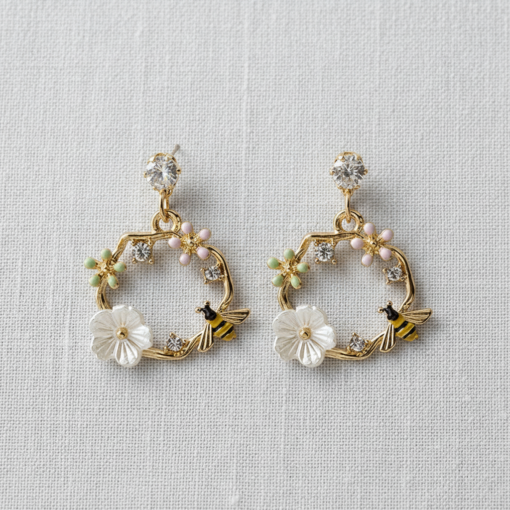 Bee and Floral Wreath Earrings