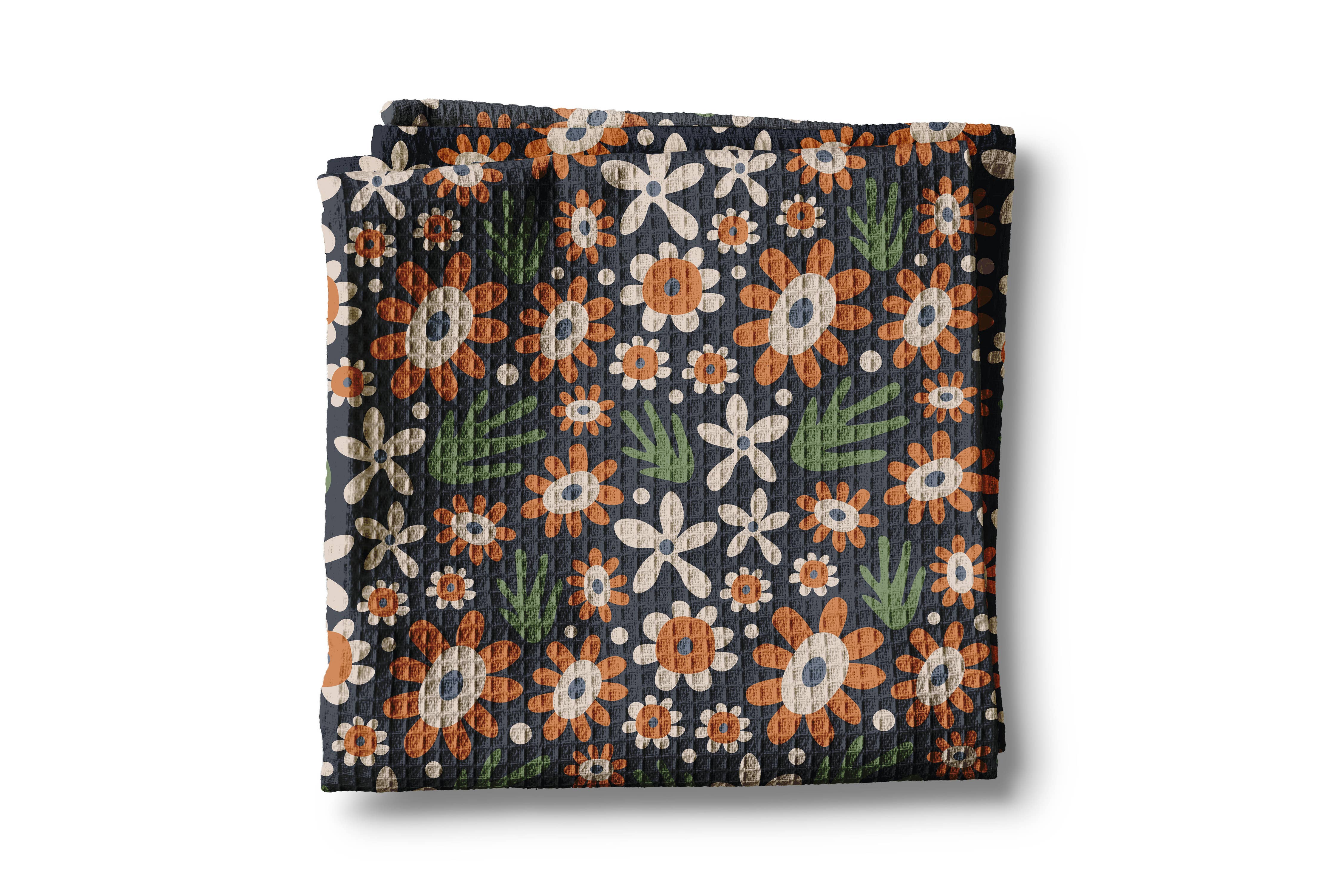 Autumn Daisy Boho Floral Waffle Weave Kitchen Towel