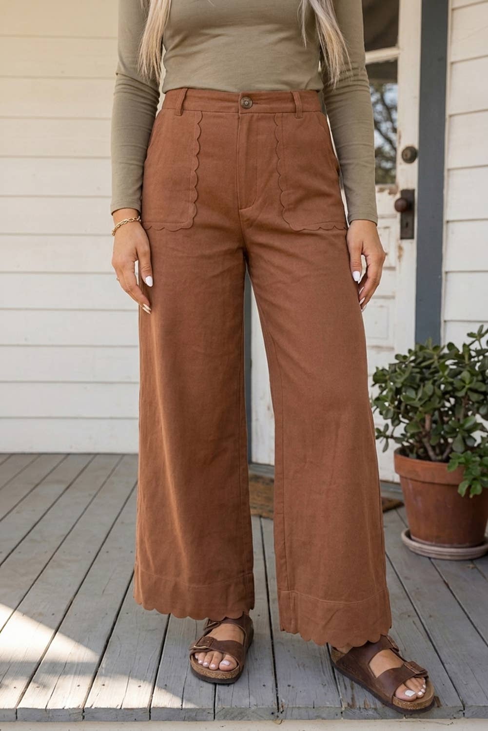 Western Scallop-Edge Wide-Leg Pants