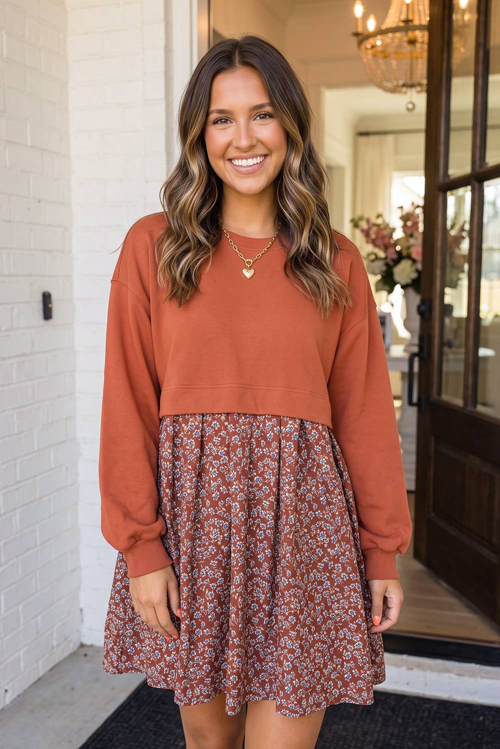 Fall Floral Patchwork Flared Mini Dress