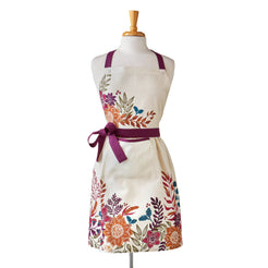Floral apron on a mannequin against a white background