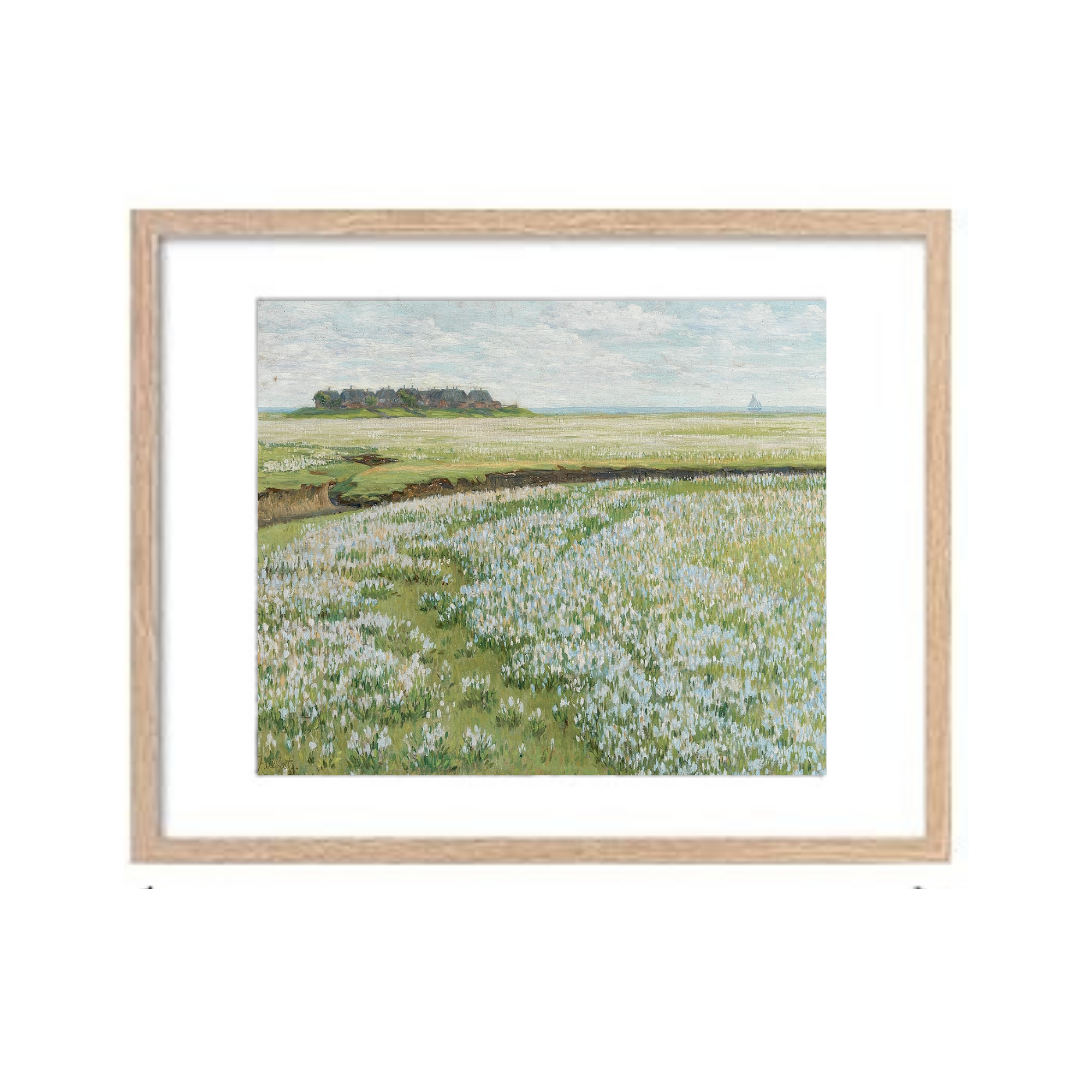 Fields with Ship in the Distance Framed Print 11x14