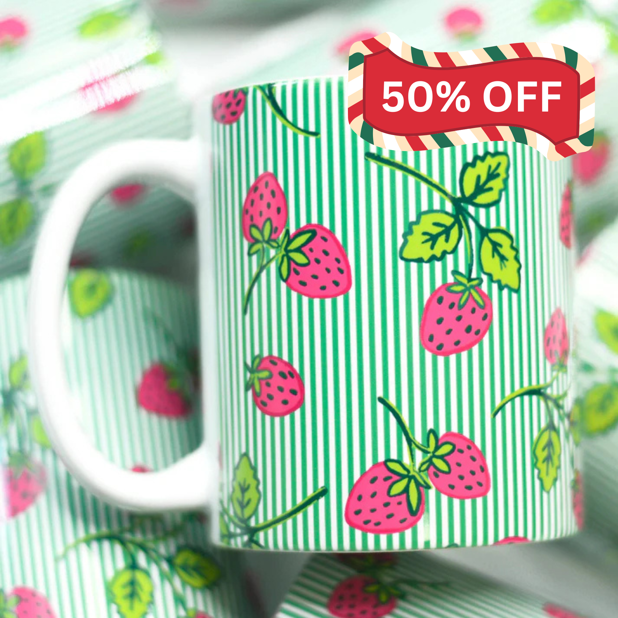 Green Stripe Strawberries Mug