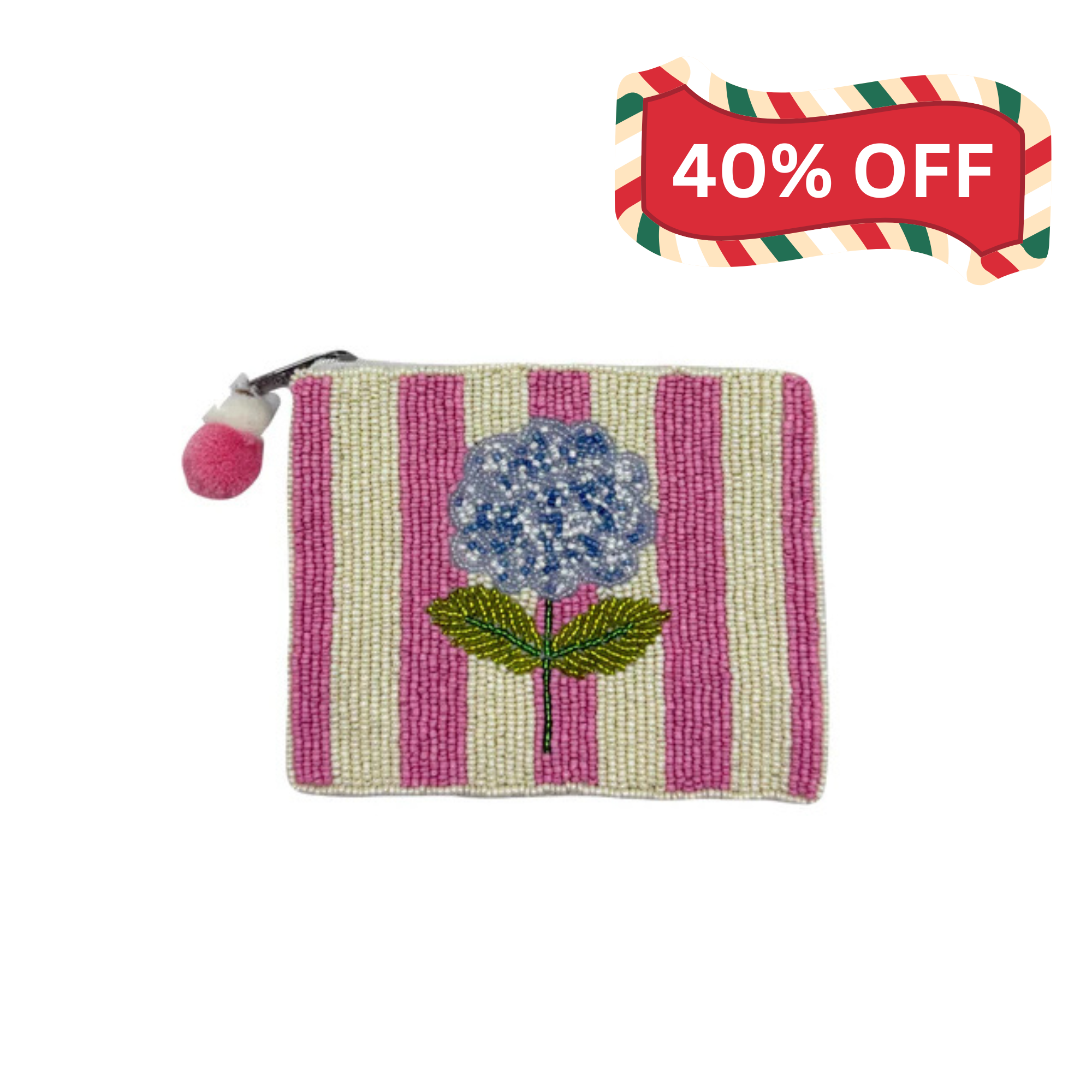 Striped Hydrangea  Beaded Pouch - Pink