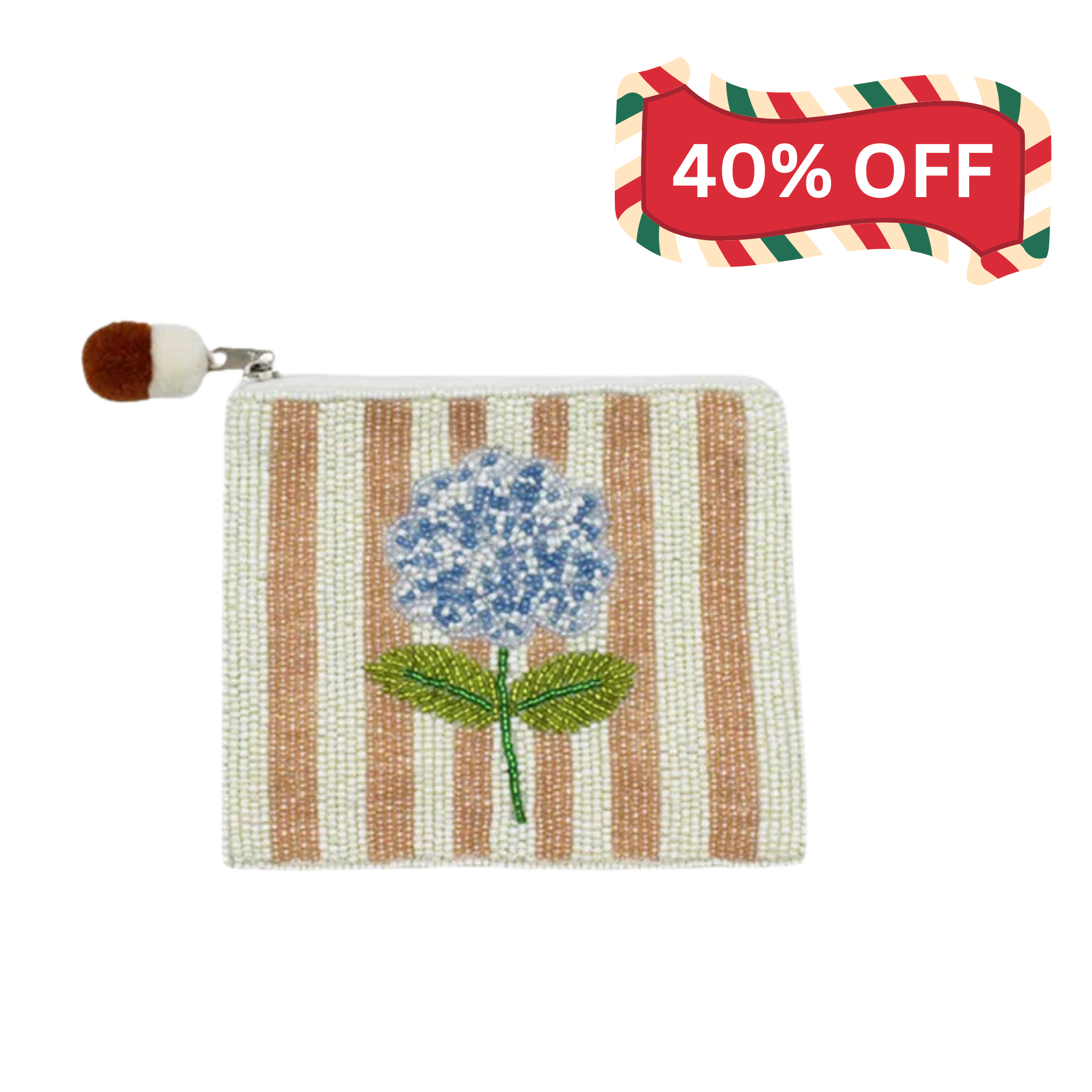 Striped Hydrangea Beaded Pouch - Tan