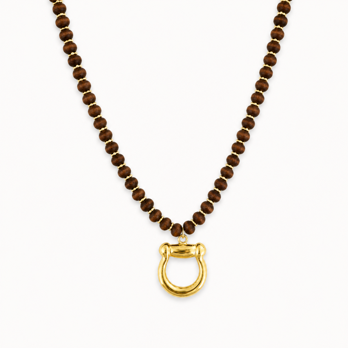 A beaded necklace featuring dark brown wooden beads and a polished gold-tone ring clasp, displayed against a clean white background.
