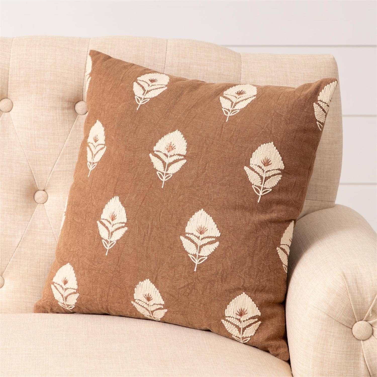 Brown Embroidered Floral Block Print Pillow