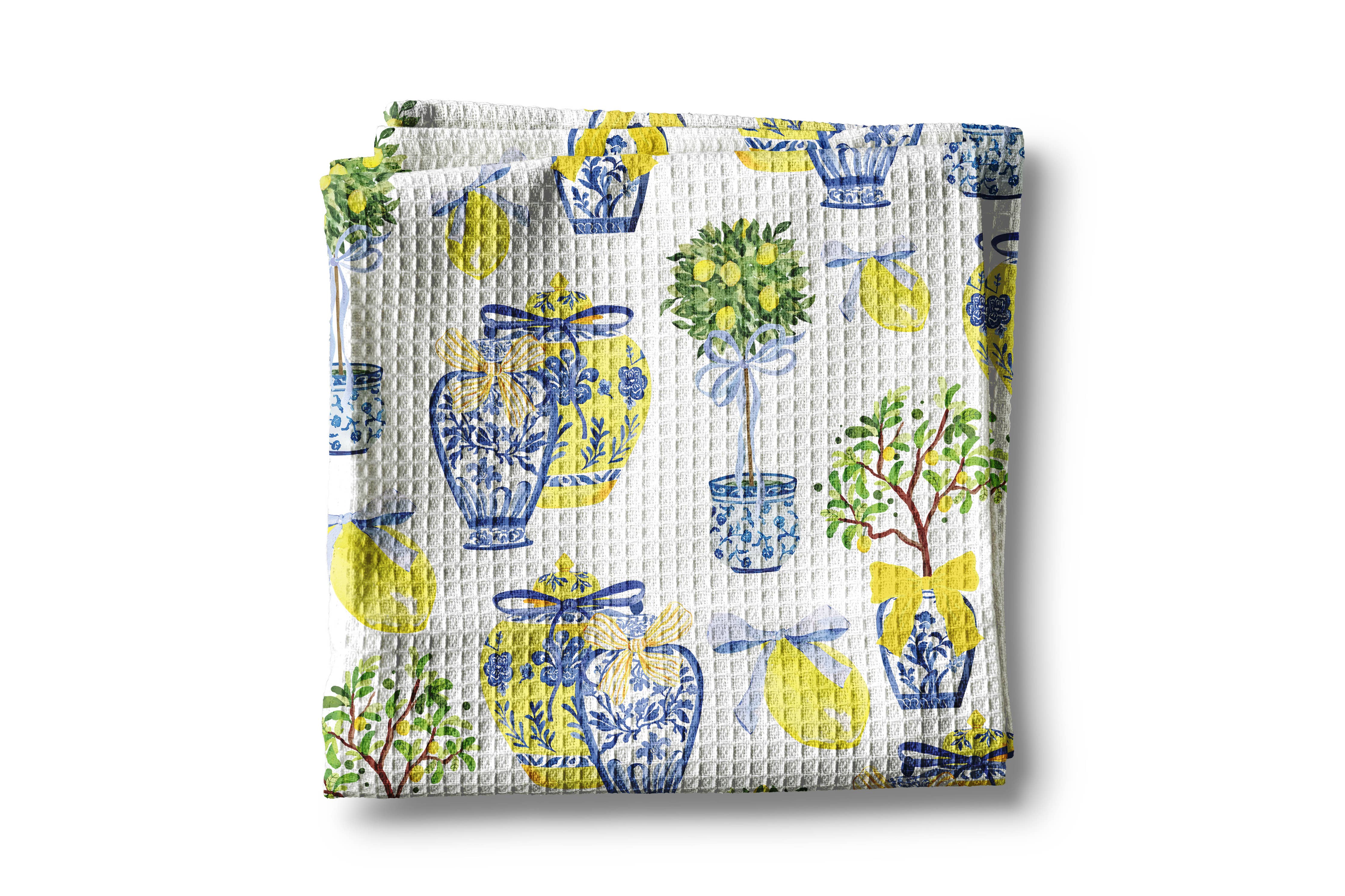 Lemon Chinoiserie Waffle Weave Tea Towel