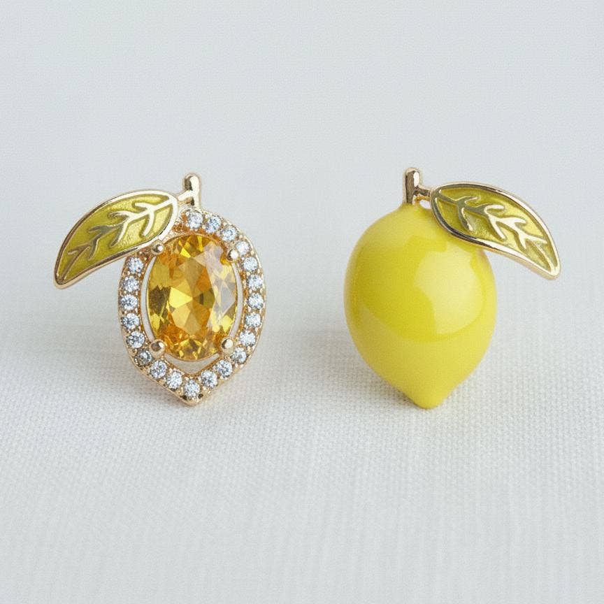 Lemon Enamel Asymmetric Stud Earrings