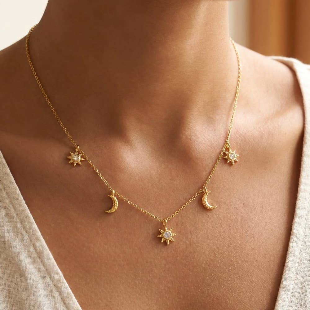 Gold Dipped CZ Pavé Stars & Moon Station Charm Necklace