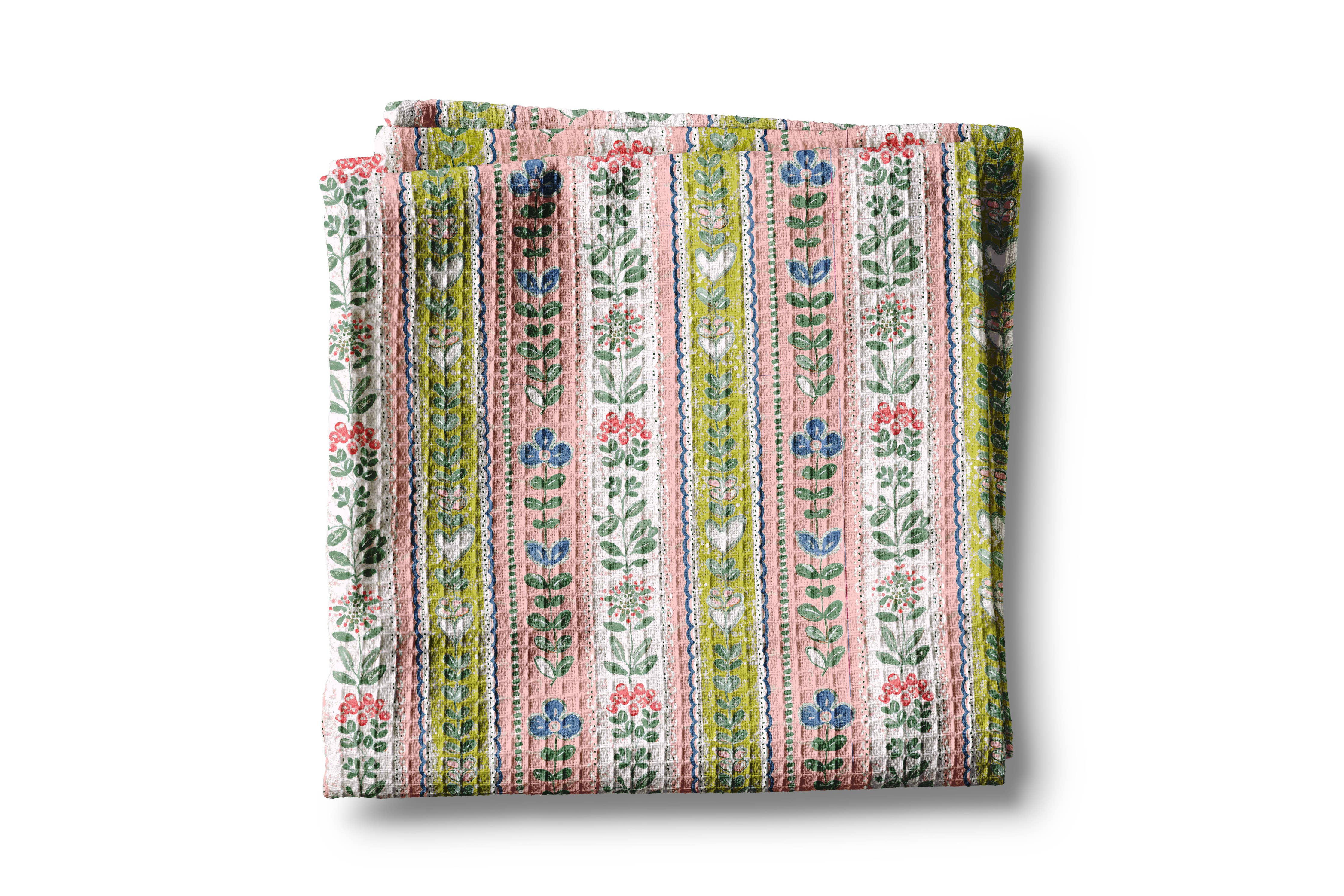 Floral Stripe Waffle Weave Tea Towel