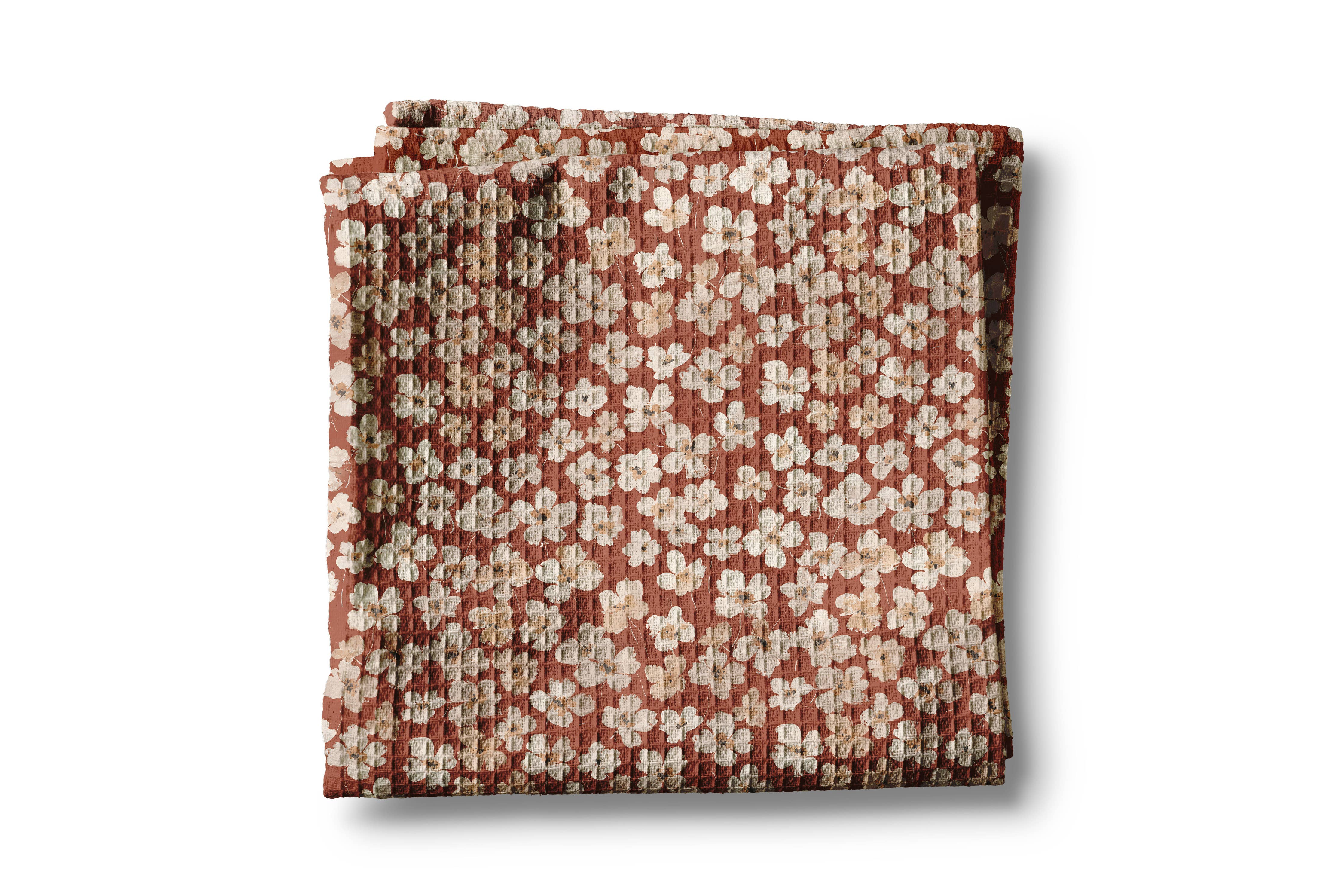 Rust Boho Floral Waffle Weave Kitchen Towel