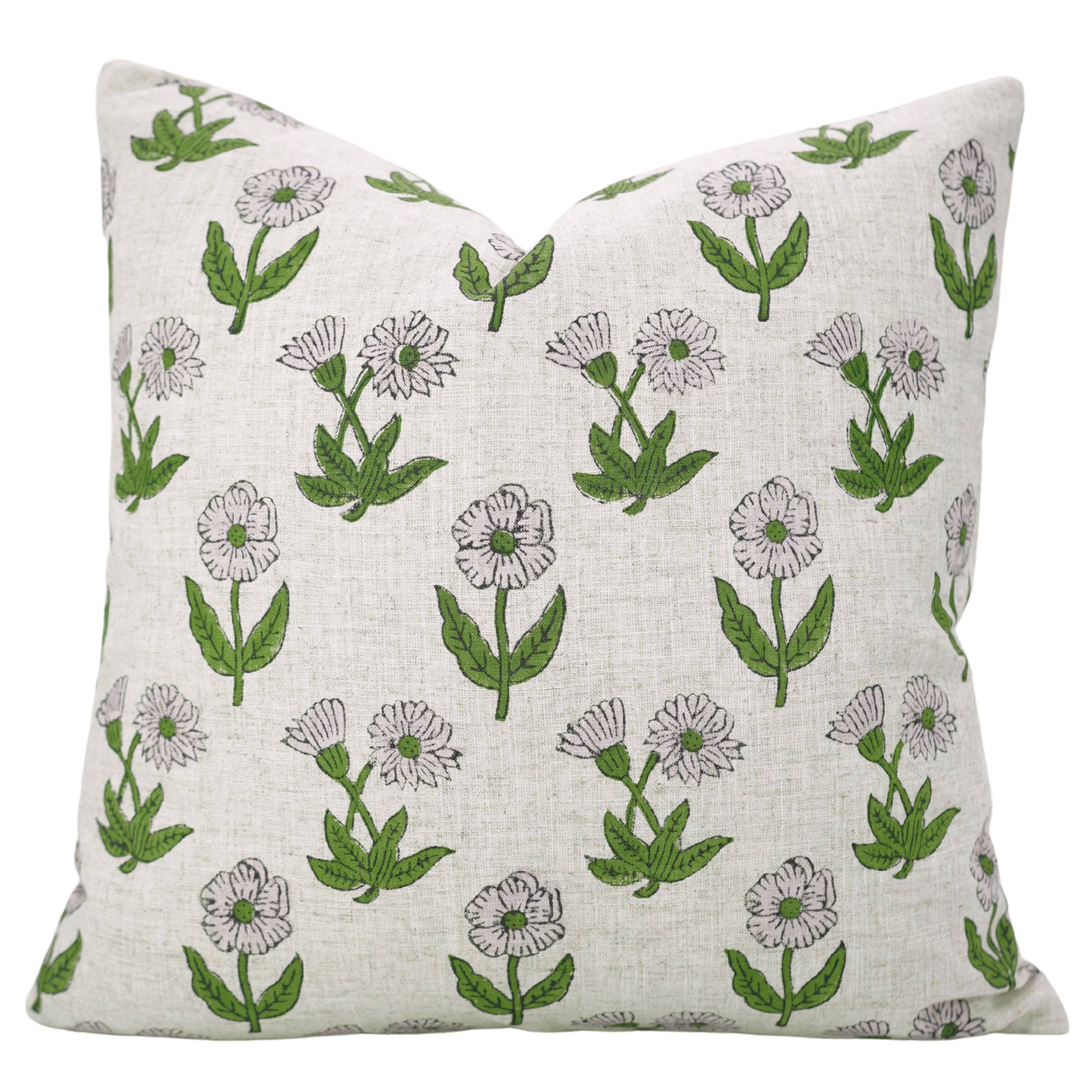 20x20 White Floral Block Print Pillow Cover