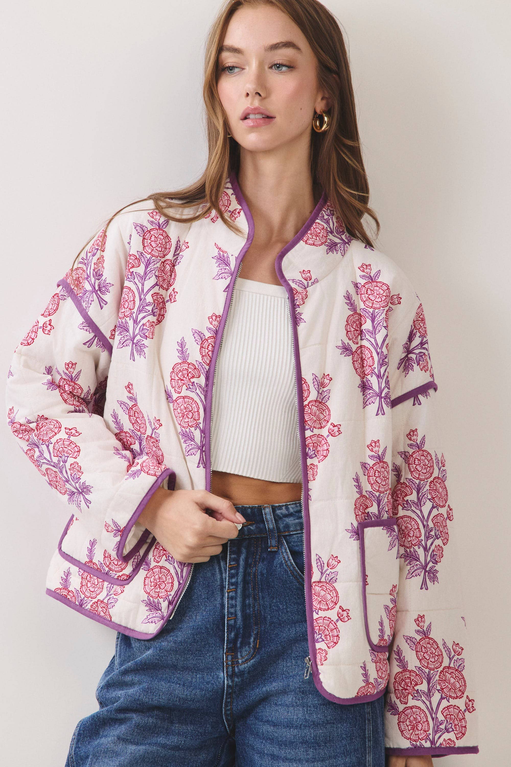 Floral Print Quilted Zip-Up Jacket