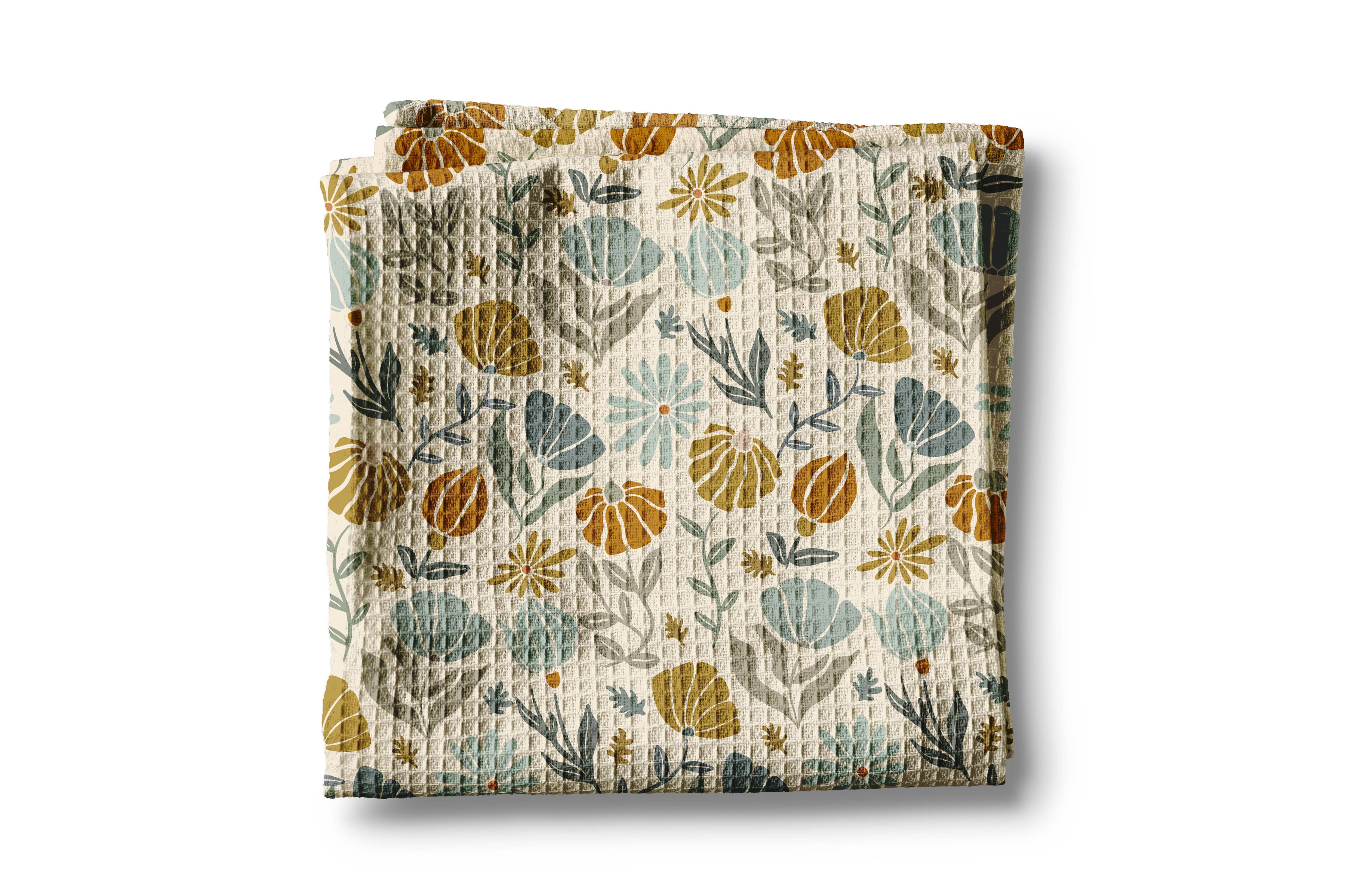 Fall Daisy Bloom Boho Floral Waffle Weave Kitchen Towel