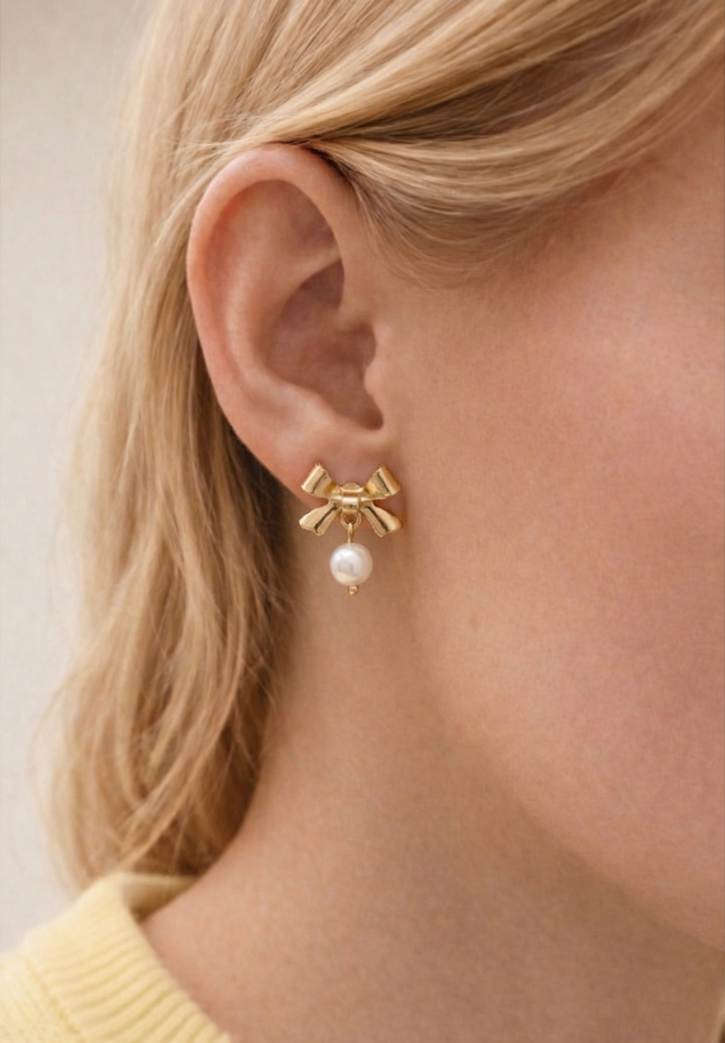 Gold Bow & Pearl Drop Stud Earrings