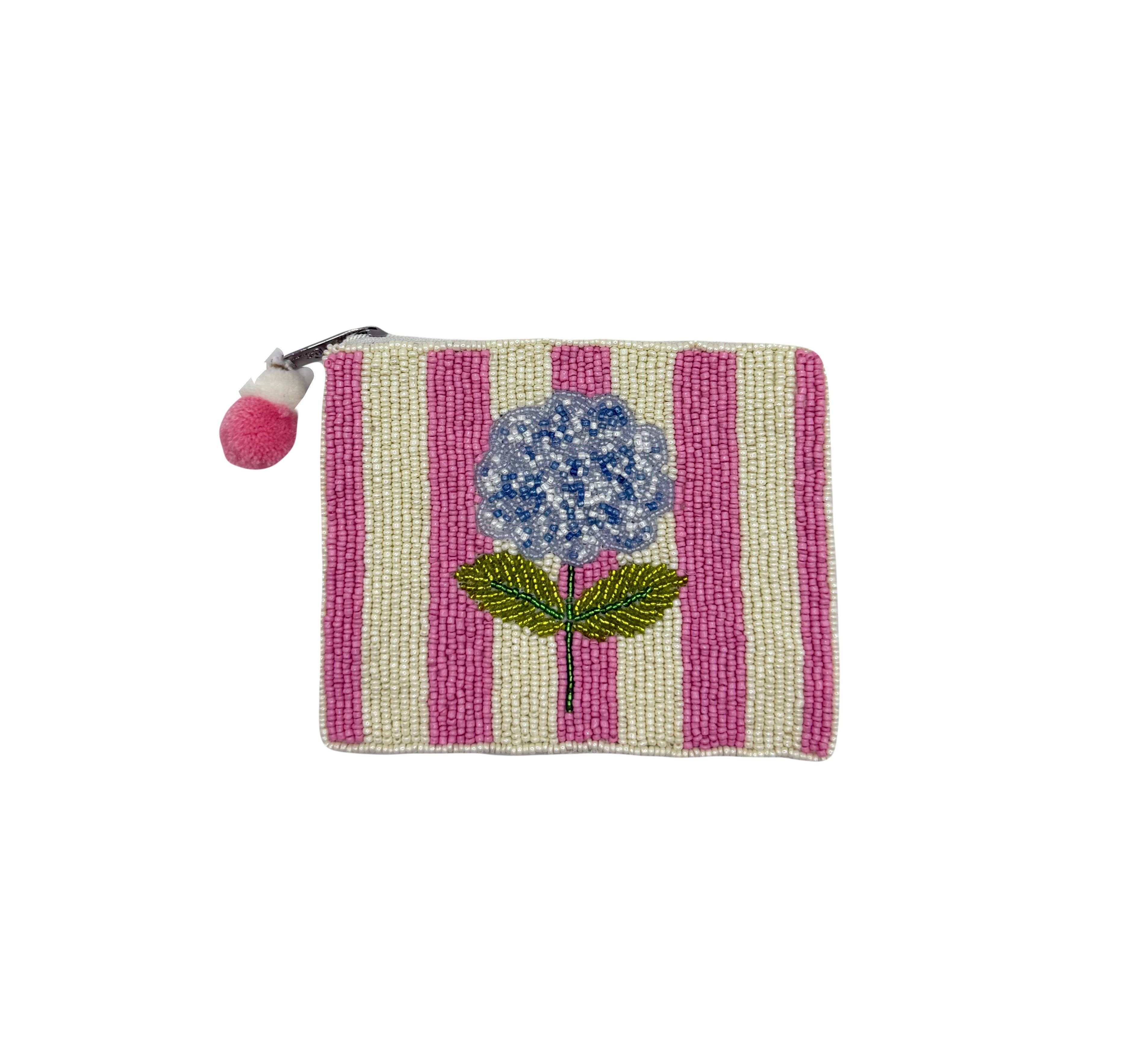 Striped Hydrangea  Beaded Pouch - Pink