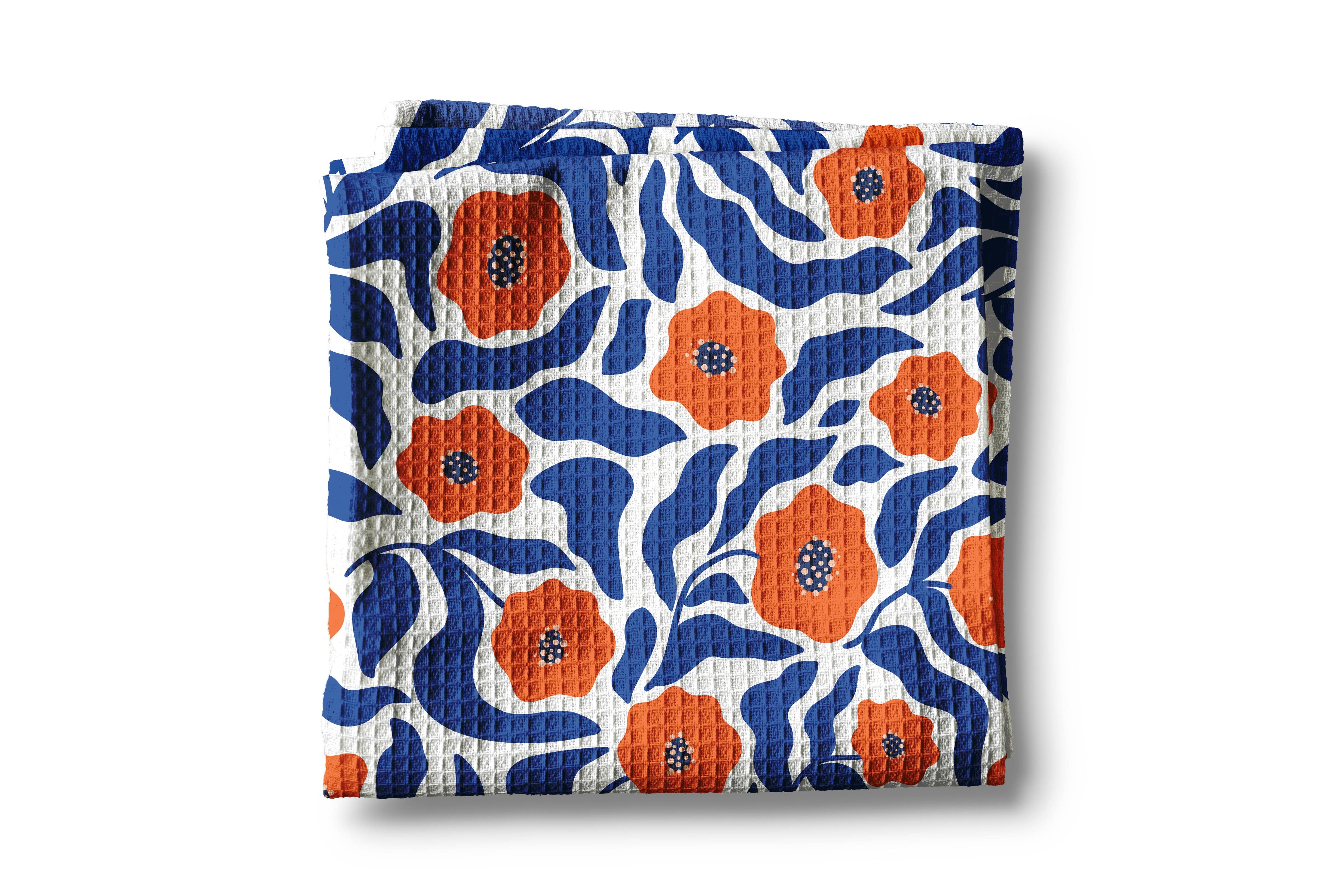 Orange Blue Floral Waffle Weave Tea Towel