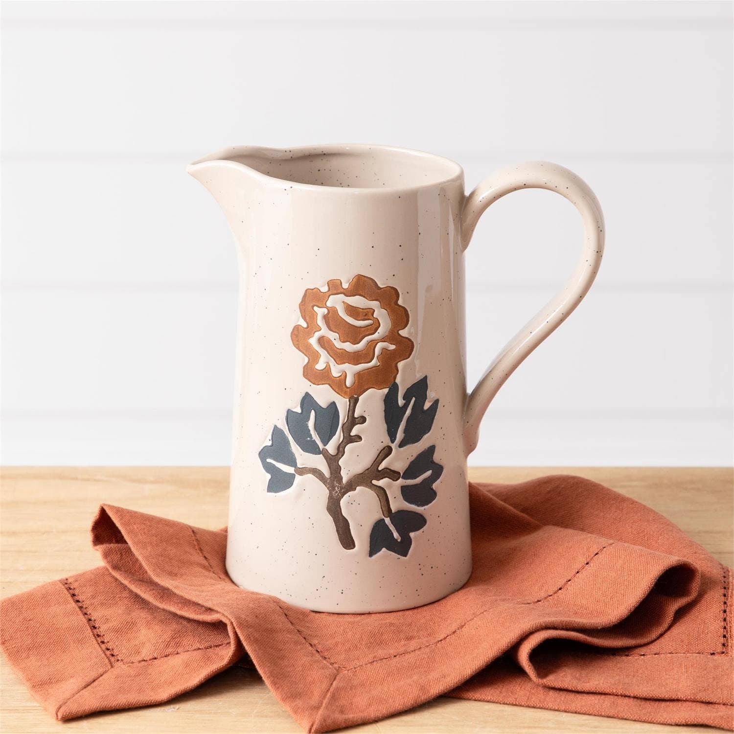 Blue Floral Motif Stoneware Pitcher