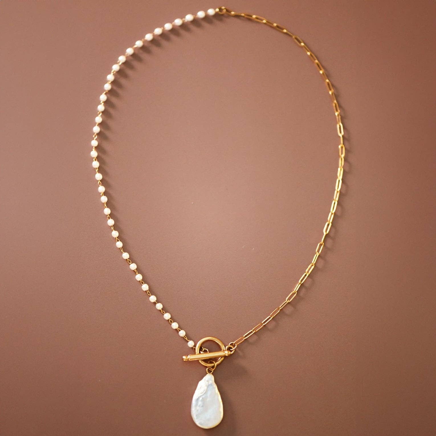 18K Gold PVD Pearl Beaded Chain Necklace with Teardrop Pendant
