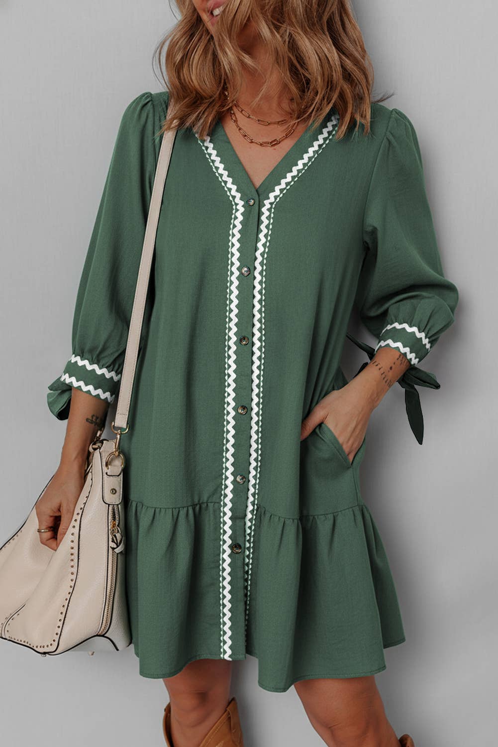 Green Button Up V Neck 3/4 Sleeve Mini Dress