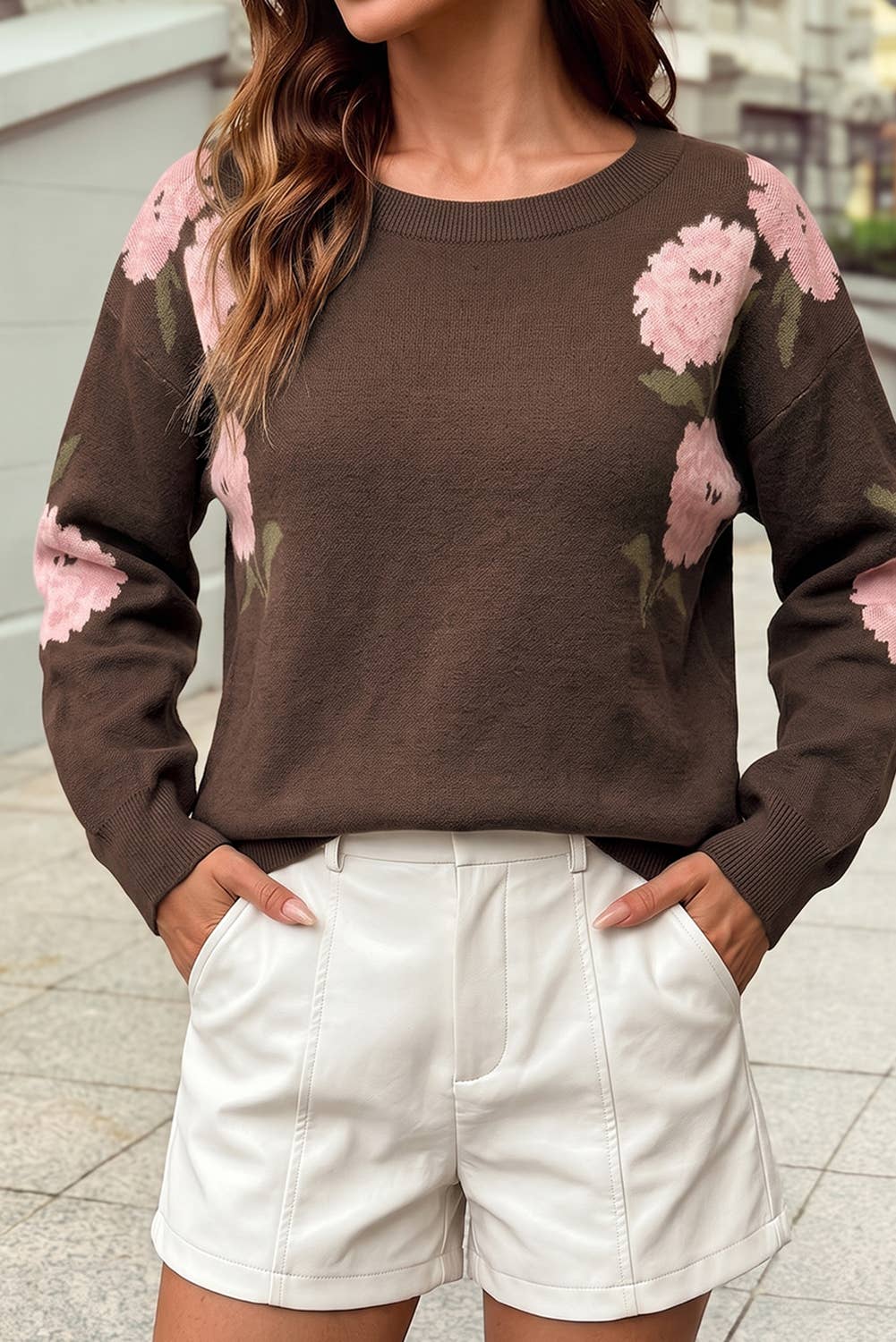 Floral Drop-Shoulder Pullover Sweater