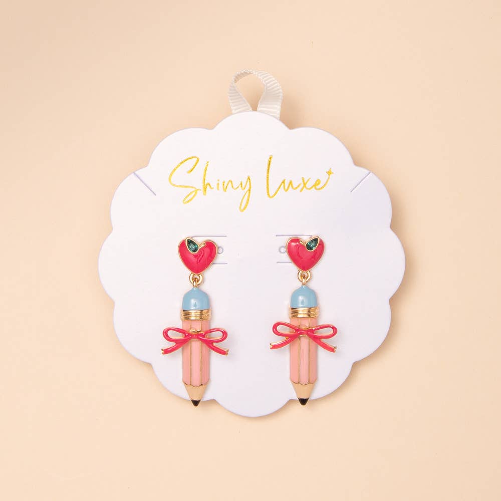 Pencil Enamel Post Earrings with Red Heart & Bow