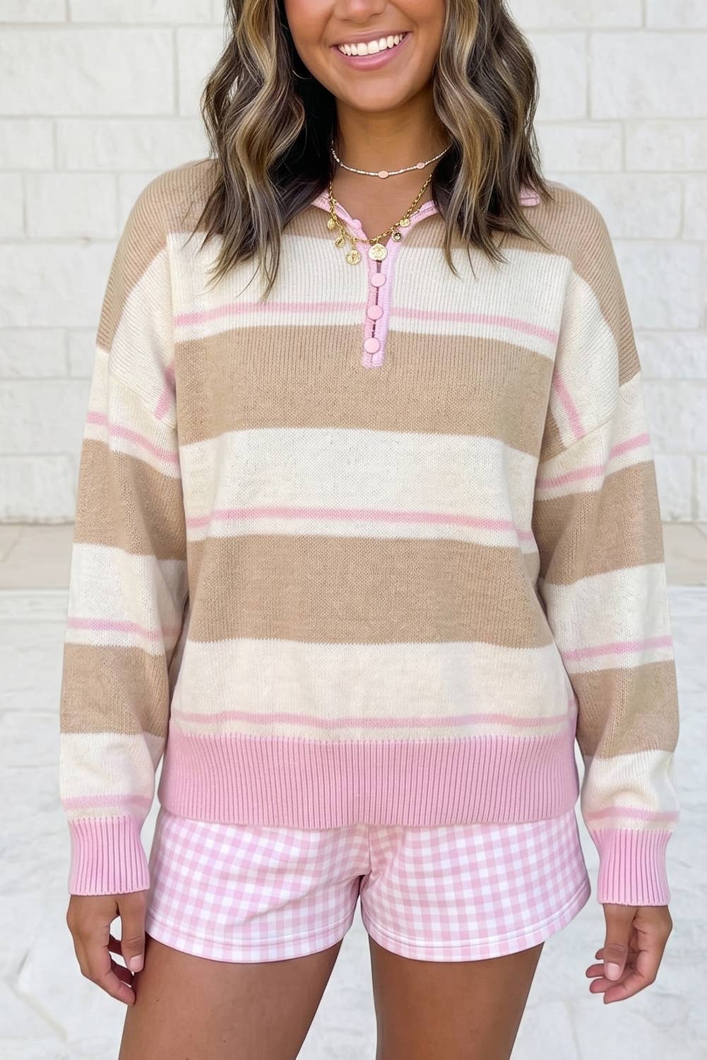 Striped Drop-Shoulder Button-Placket Sweater