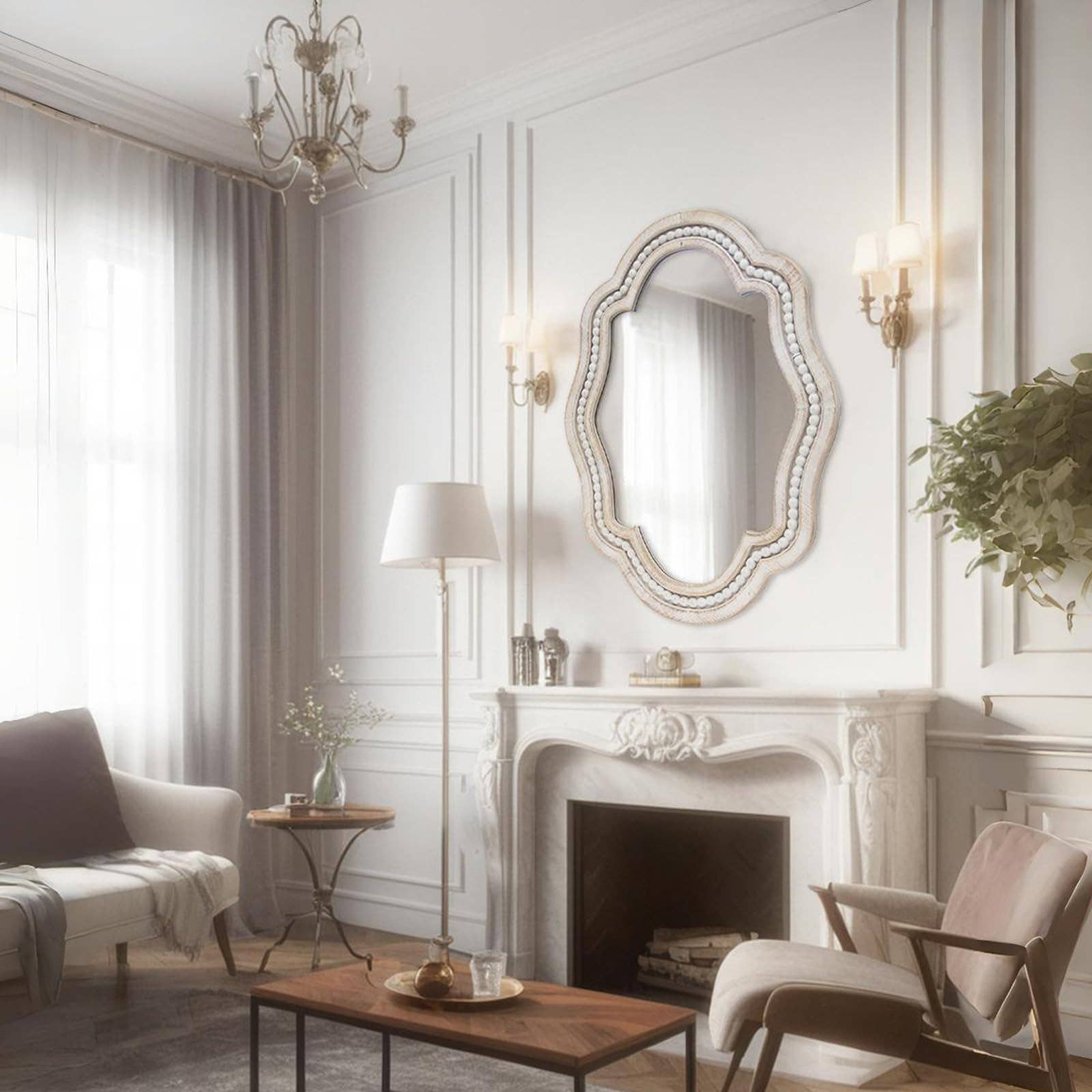 Whitewash Beaded Wall Mirror, 27.125"