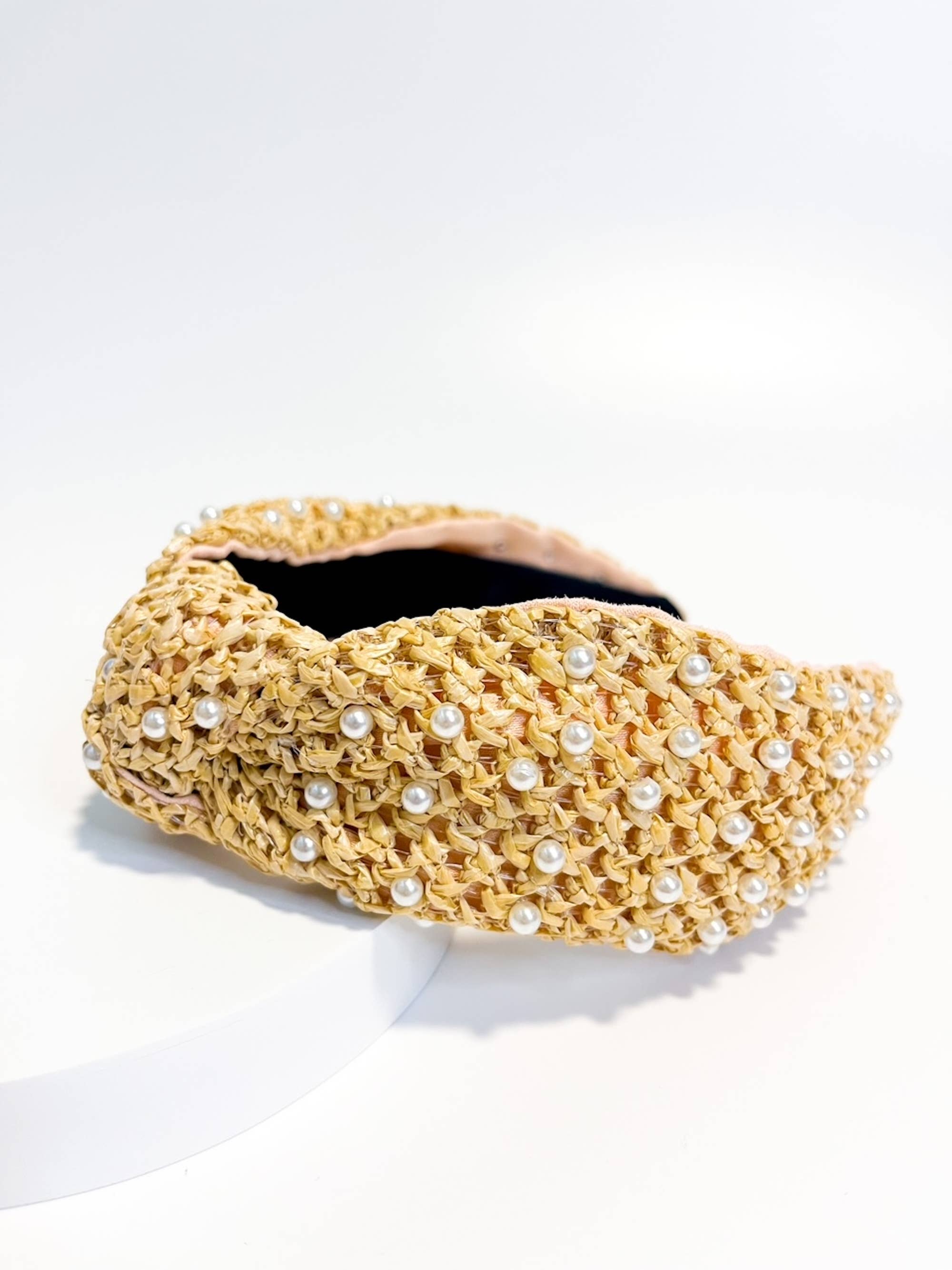 Beige Raffia Pearl Top Knot Headband