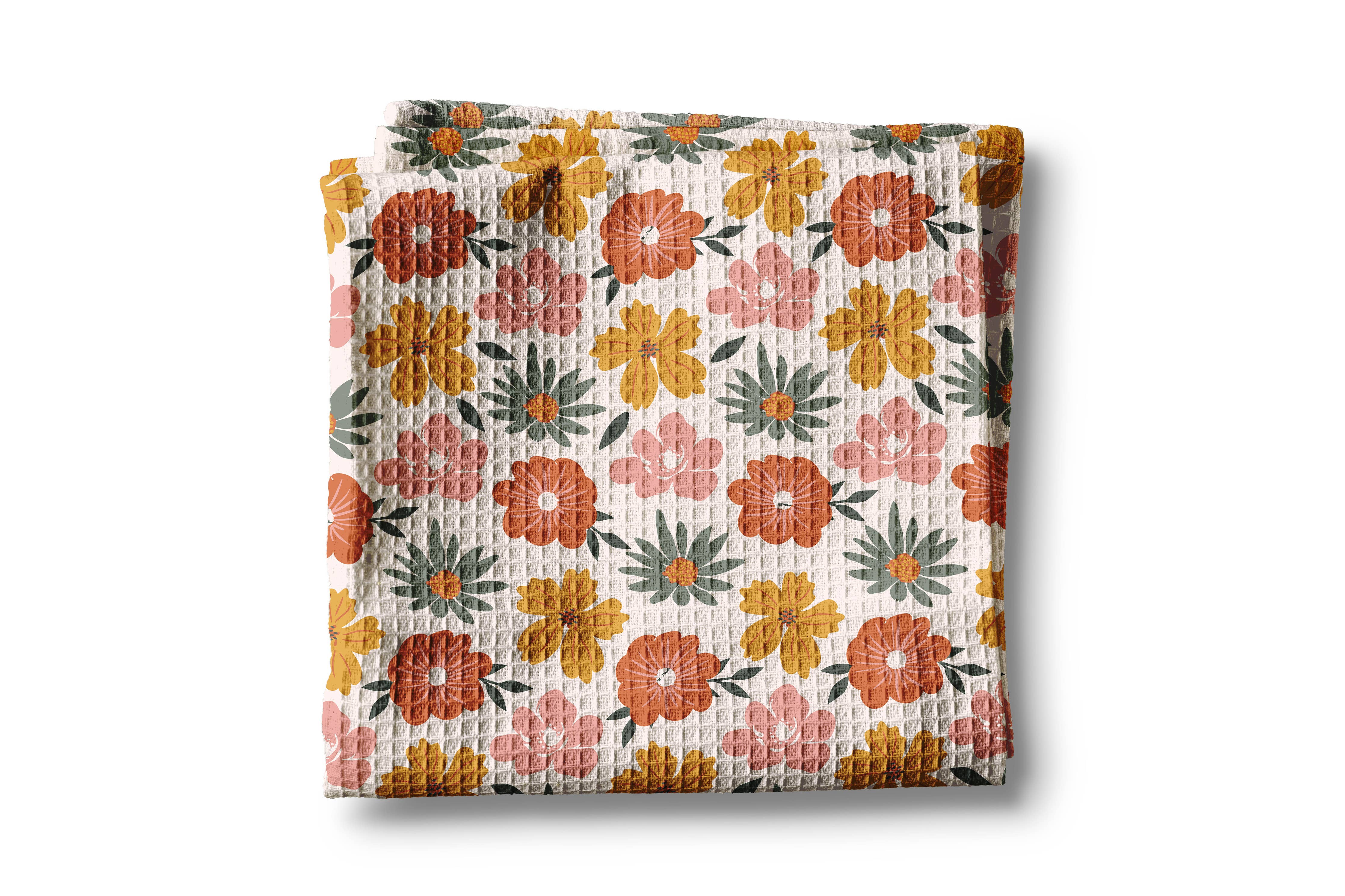 Mauve & Yellow Boho Floral Waffle Weave Kitchen Towel